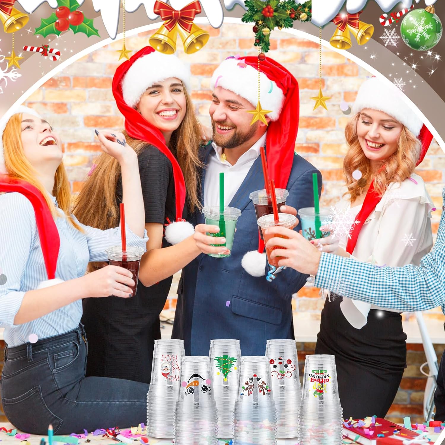 Zhehao Juego de 50 vasos de plástico de Navidad transparentes desechables a granel con tapas y pajitas, Papá Noel, muñeco de nieve, árbol de