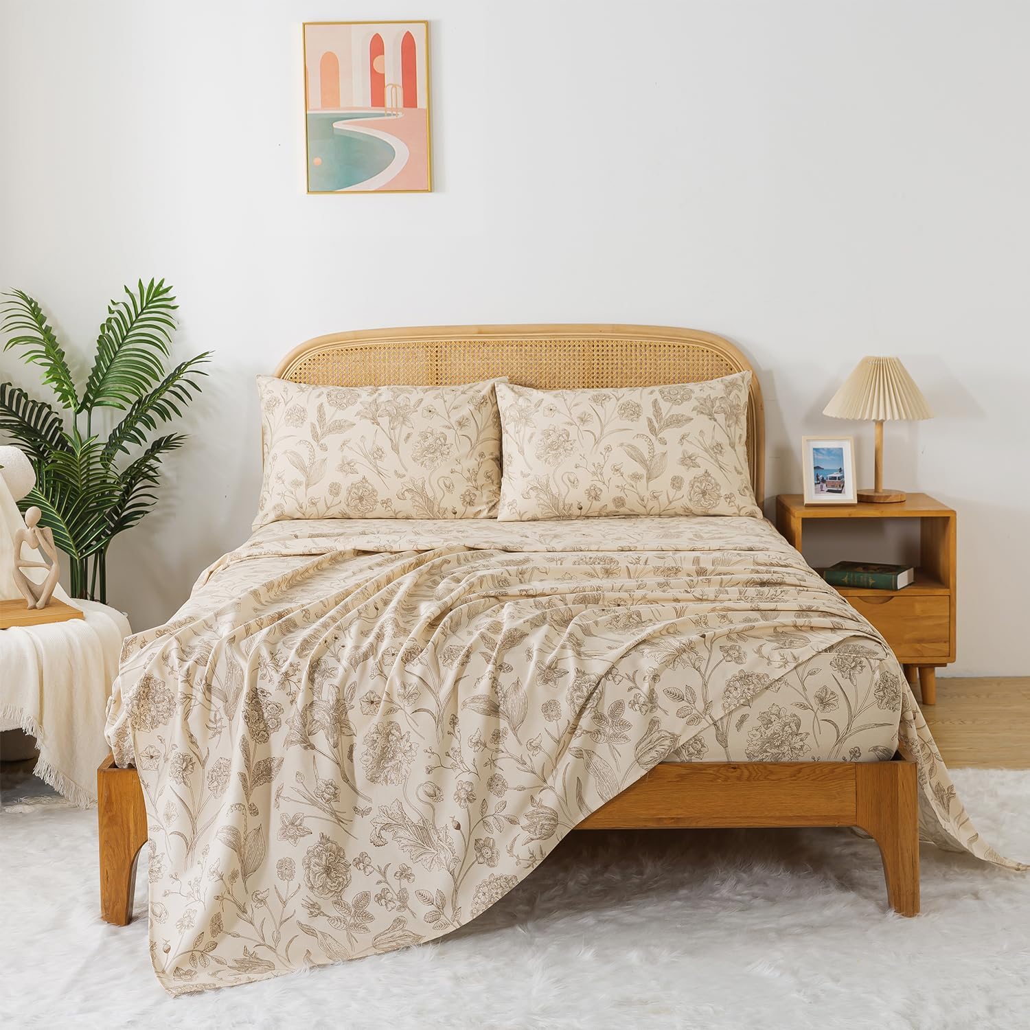Zusbest Juego de sábanas de tamaño King de 100 % algodón percal, color beige floral, cepillado extra suave, sábanas de franela de lujo transpirable