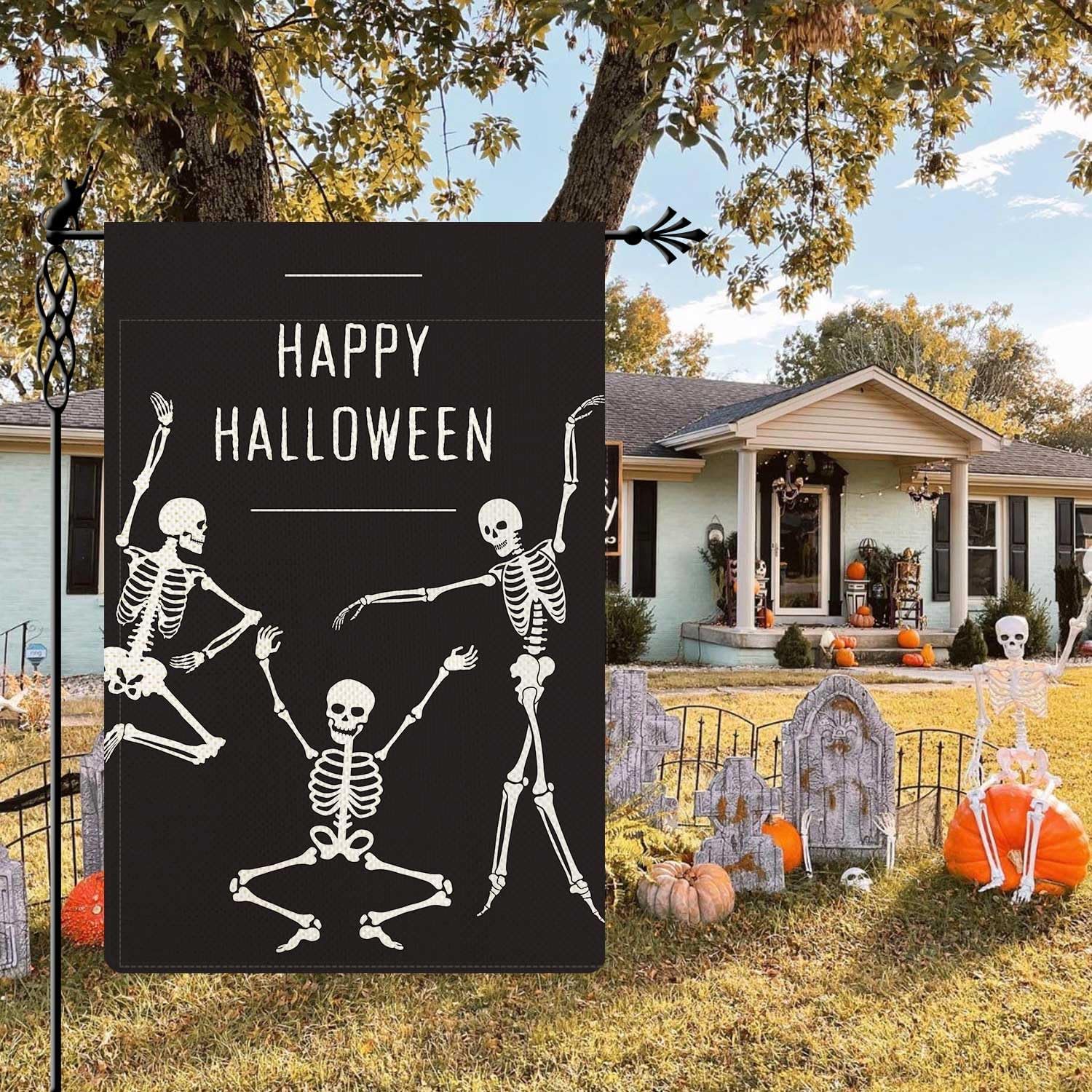 Jauageon Bandera de jardín de Halloween con diseño de esqueleto de Halloween, espeluznante fantasma, calavera vertical, de doble cara, rústica,