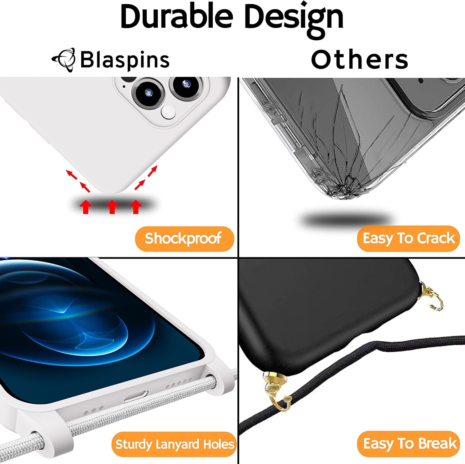 Blaspins Funda de correa cruzada con cordón para iPhone 15 Pro, manos libres, cuello cruzado, cuerda ajustable extraíble, protección contra caídas a