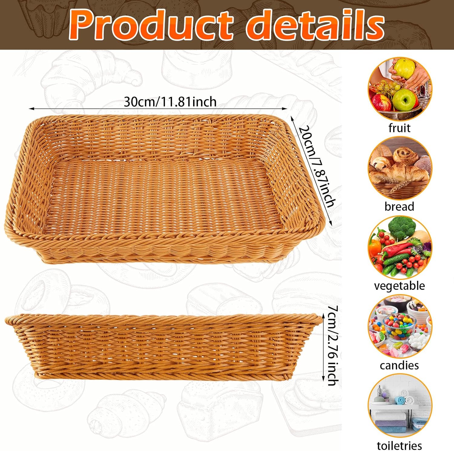 10 cestas de pan tejidas de mimbre de polietileno, bandeja de frutas de ratán de imitación, apilables, rectangulares, cestas de alimentos para