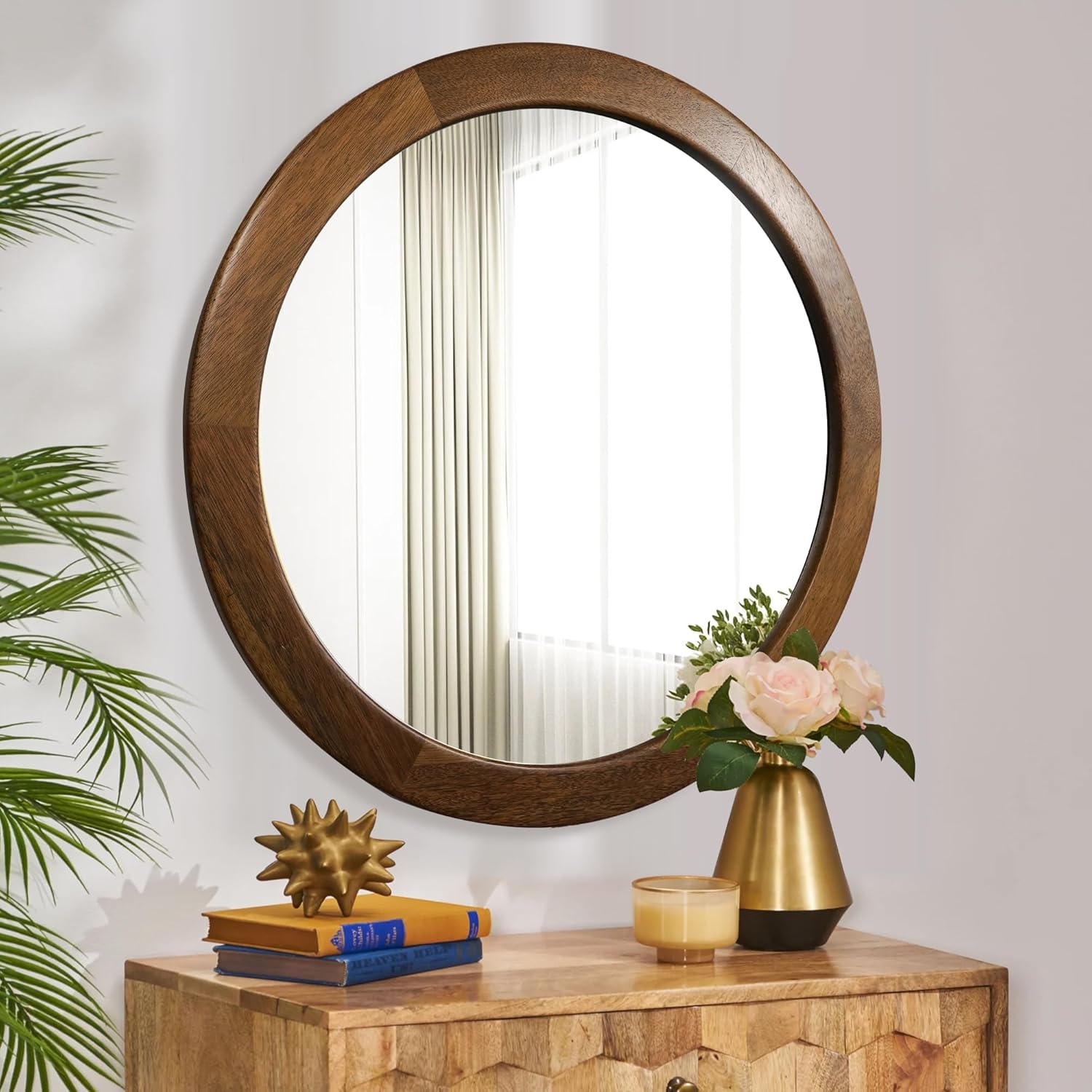 Espejo redondo de 36 pulgadas, espejo de pared templado de madera rústica para baño con marco de nogal, espejo circular de madera de granja para