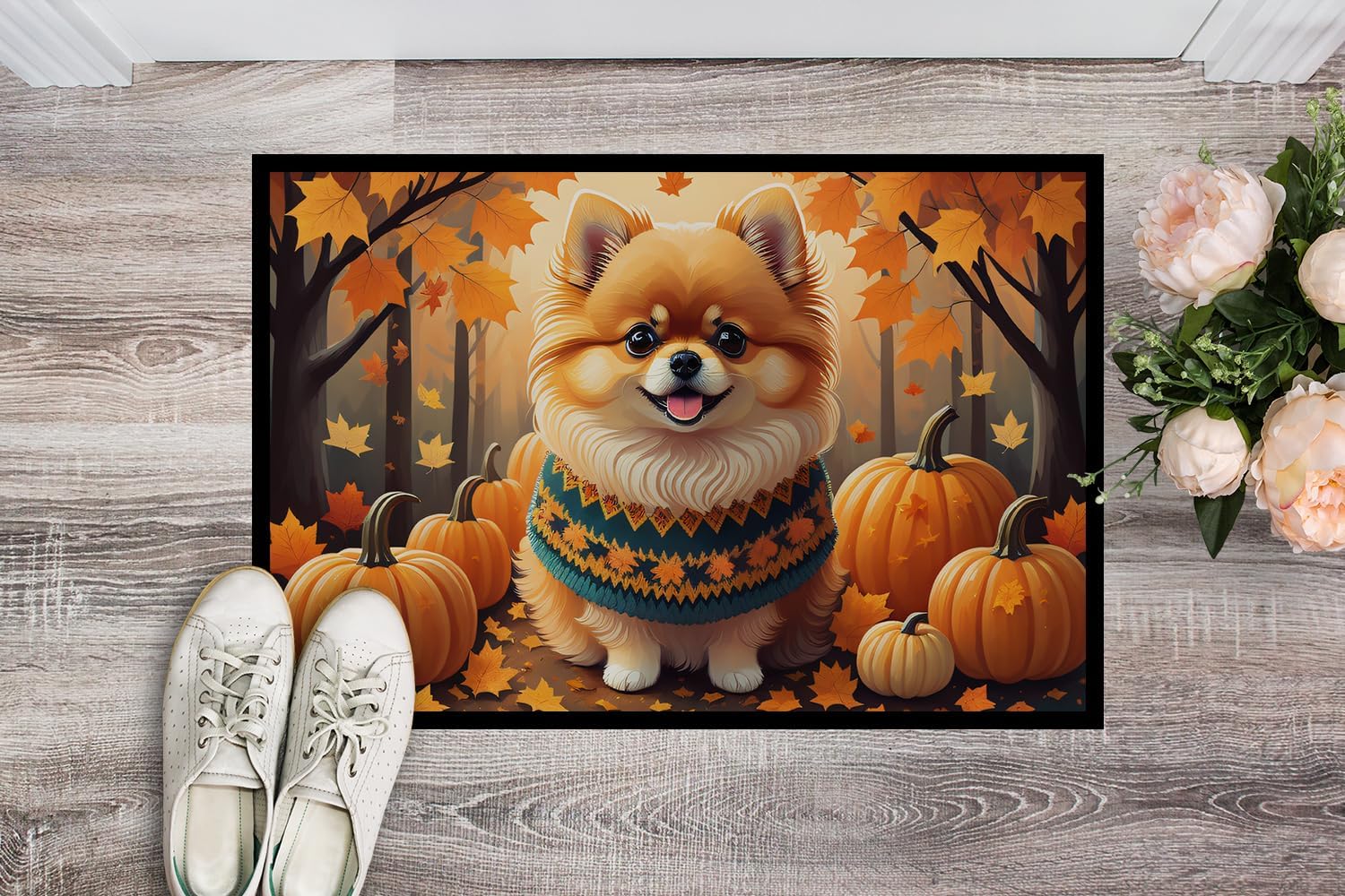 Caroline’s Treasures DAC1062MAT – Tapete de otoño con pomerania de 18 x 27 pulgadas, para interiores y exteriores, para entrada, antideslizante,