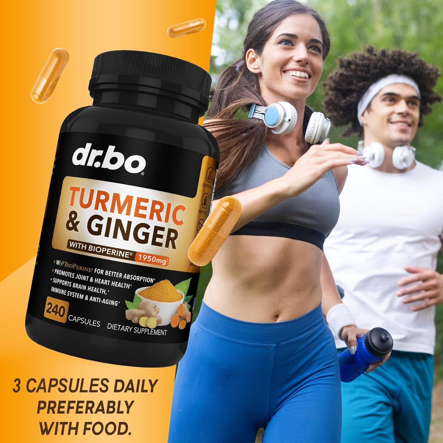 Curcumina de cúrcuma con cápsulas de suplemento BioPerine, suplementos naturales de apoyo articular con 1950 mg de cúrcuma Longa Pure Organic