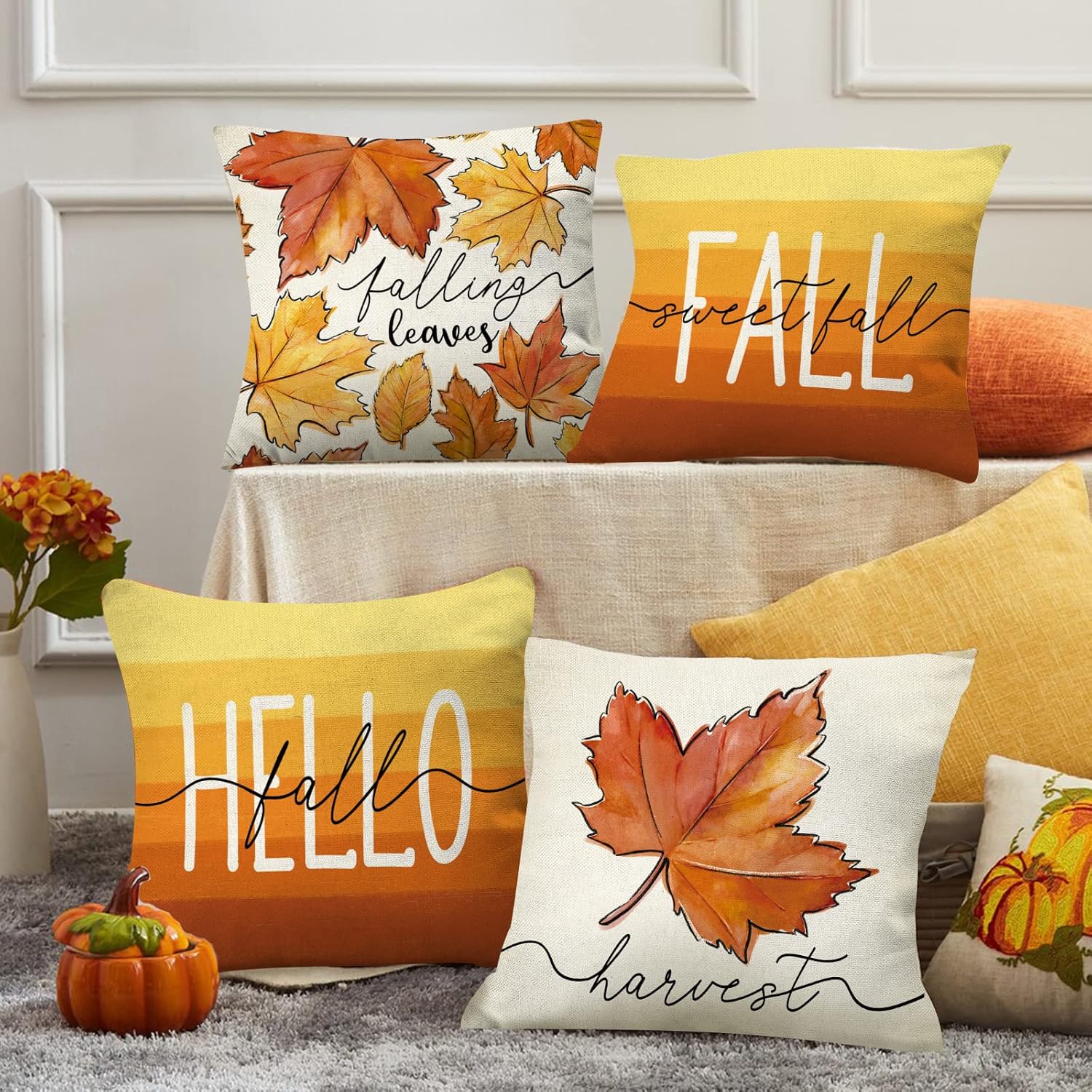 Ussap Hello Fall – Juego de 4 fundas de almohada decorativas de hojas de arce de 18 x 18 pulgadas, decoración de fundas de cojín de cosecha de otoño