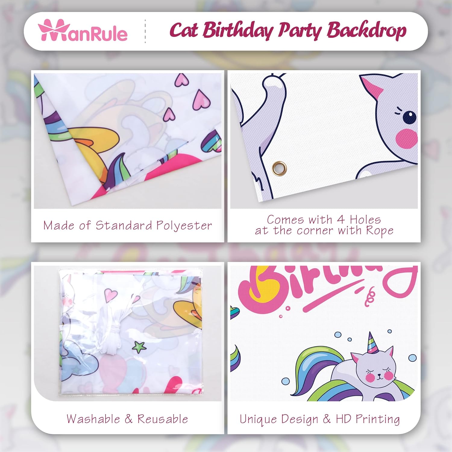 ManRule Suministros para fiesta de cumpleaños de gato, sombrero de gato, bandana de gato, telón de fondo de cumpleaños de gato decoraciones de