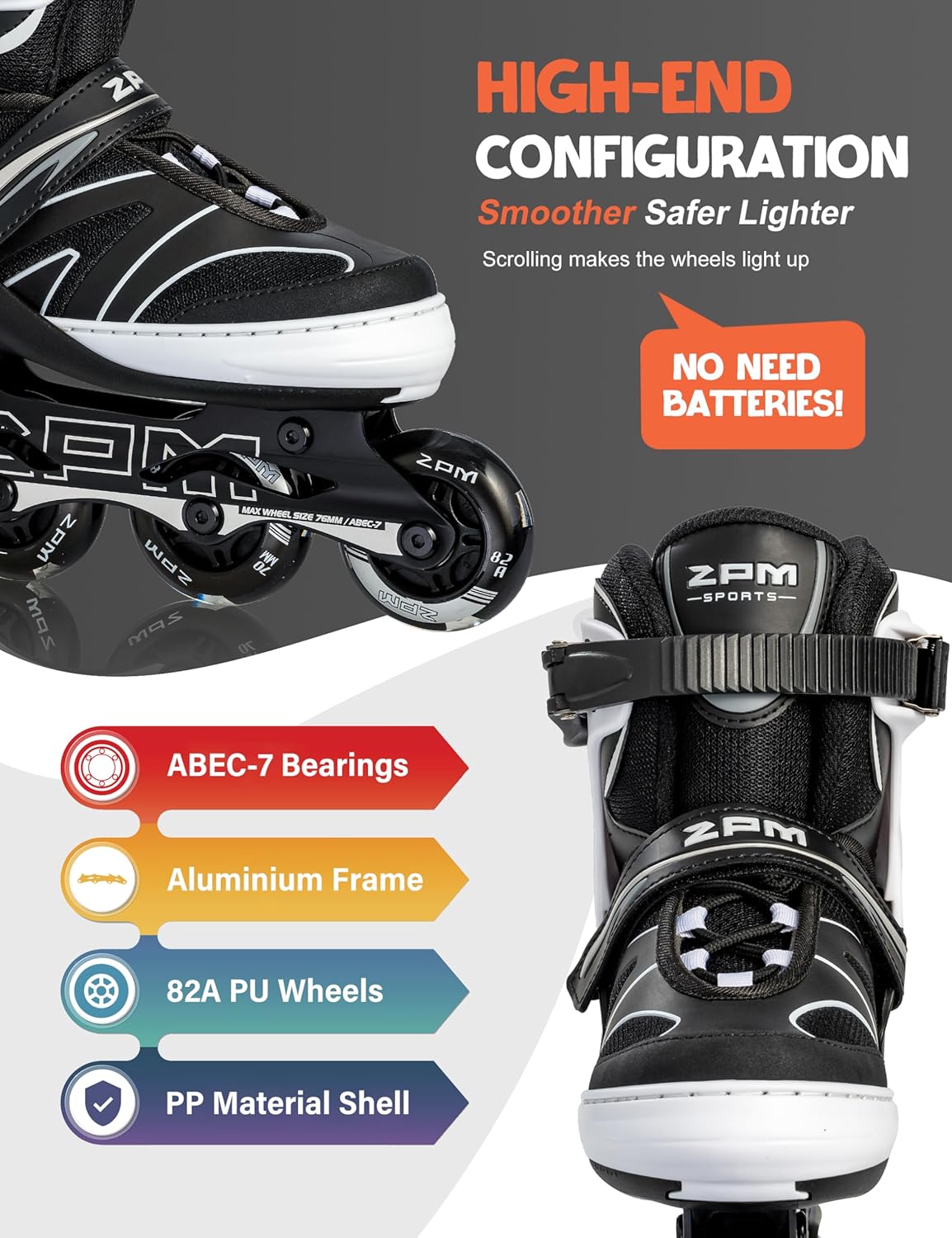 2PM SPORTS Patines en línea ajustables para niños de 4 a 12 años, patines Inlie para niñas y niños de 5 a 8 a 12 años con ruedas de luz completa,