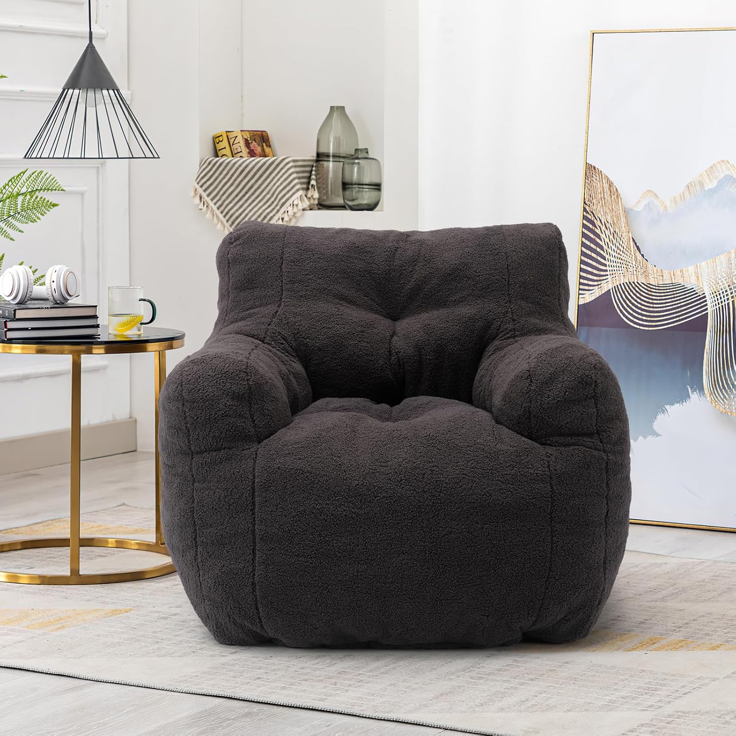 Hommoo Puf grande para adultos con reposabrazos, cómodo puf con relleno de espuma, esponjoso, tela de peluche suave, puf copetudo para dormitorio,