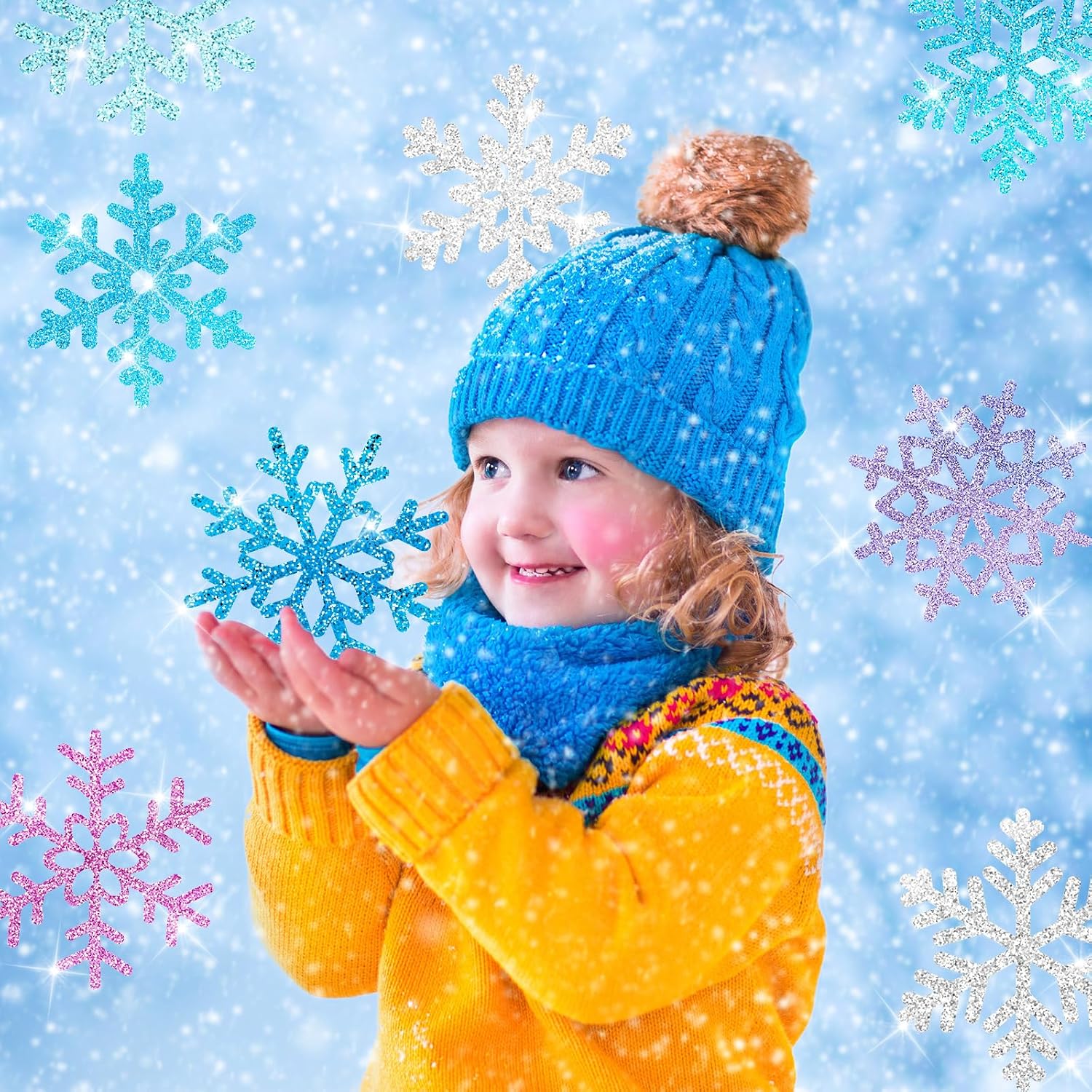 Zonon 48 piezas de recortes de copo de nieve para decoración de invierno y Navidad, recortes de papel de copo de nieve con puntos de pegamento para