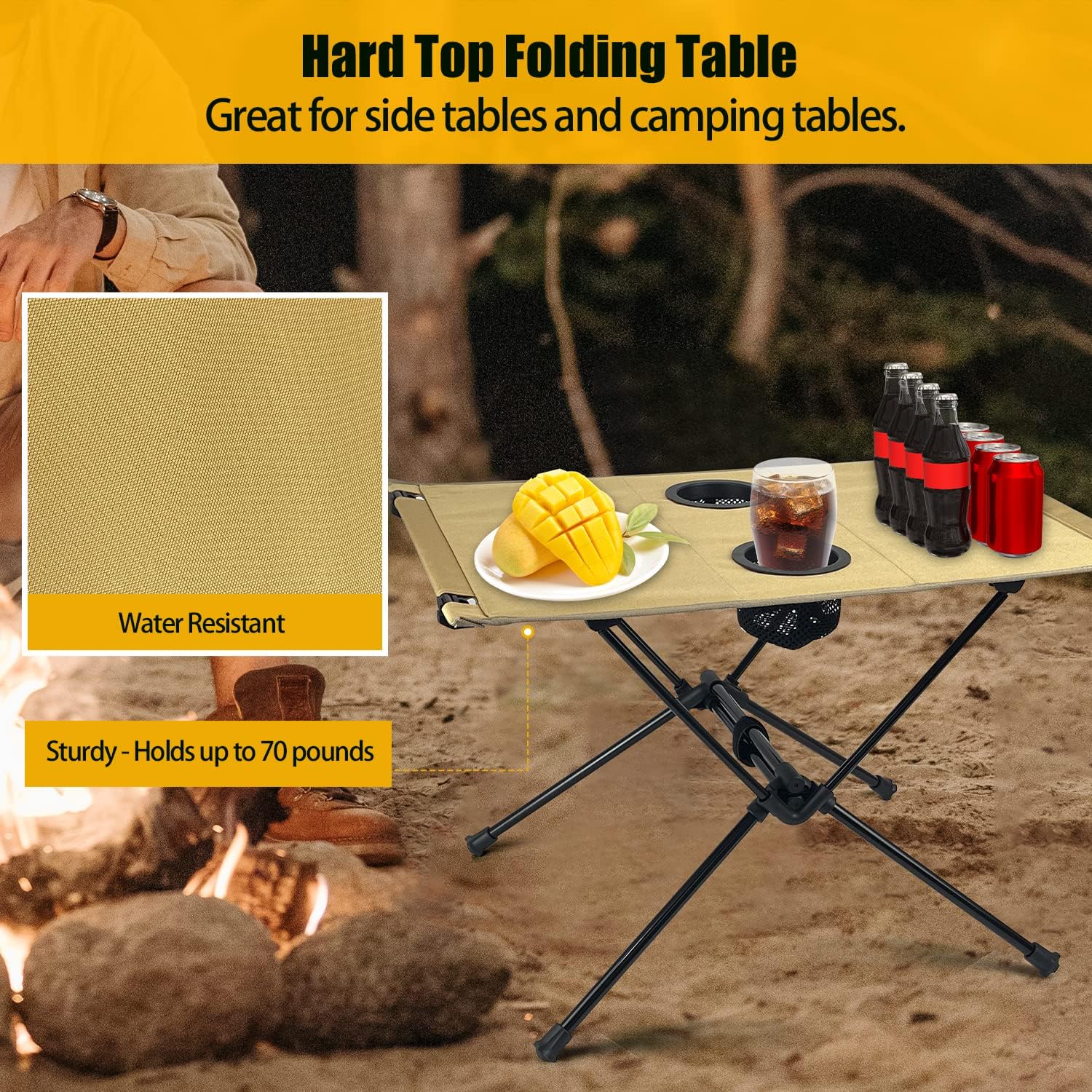 Sutekus Mesa de camping plegable con 2 portavasos, compacta y ligera, con tapa dura, con bolsa de almacenamiento (desierto)