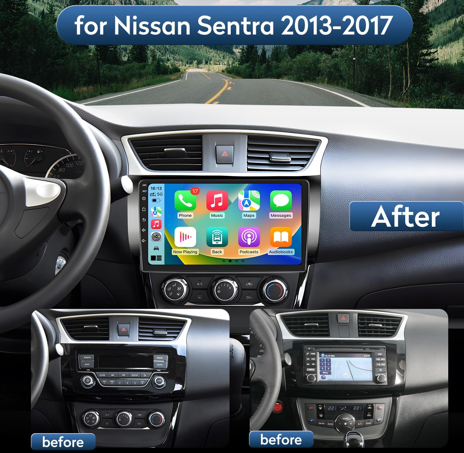 Estéreo de coche de 4 núcleos 2+32G para Nissan Sentra 2013-2017, pantalla táctil de 10.1 pulgadas con CarPlay y Android Auto, con cámara de