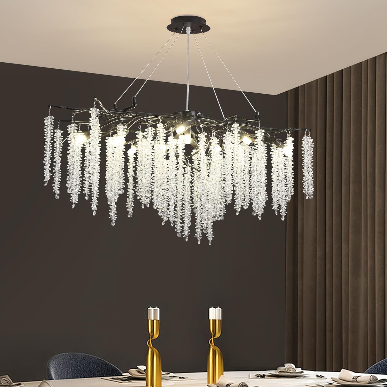 Candelabro moderno de ramas de árbol de cristal, color negro, de 42 pulgadas, estilo Art Deco, grande, rectangular, lineal, con gotas de lluvia para