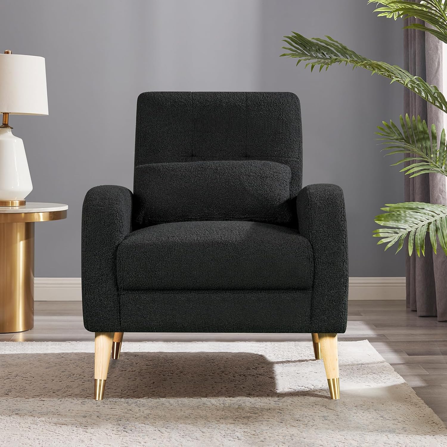 Hommoo Silla decorativa moderna de mediados de siglo, cómoda silla de sofá de tela Boucle, silla auxiliar color crema con patas de madera, silla de