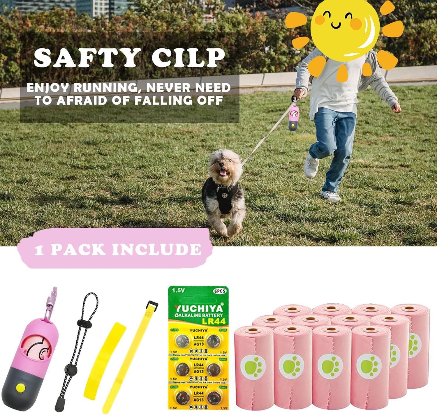 Soporte para bolsas de excremento de perro con linterna LED, dispensador de bolsas de basura para mascotas para correa, contenedor de bolsas para