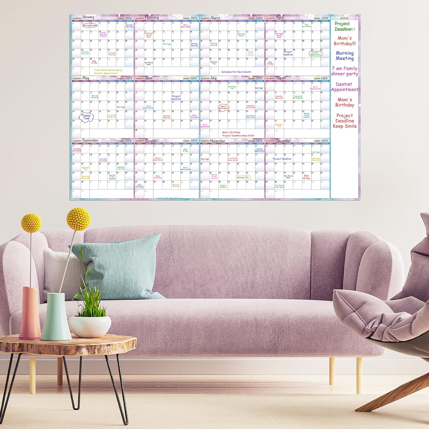 Calendario grande de borrado en seco para pared, calendario anual de pared de borrado en seco, 58 x 37 pulgadas, planificador de calendario en