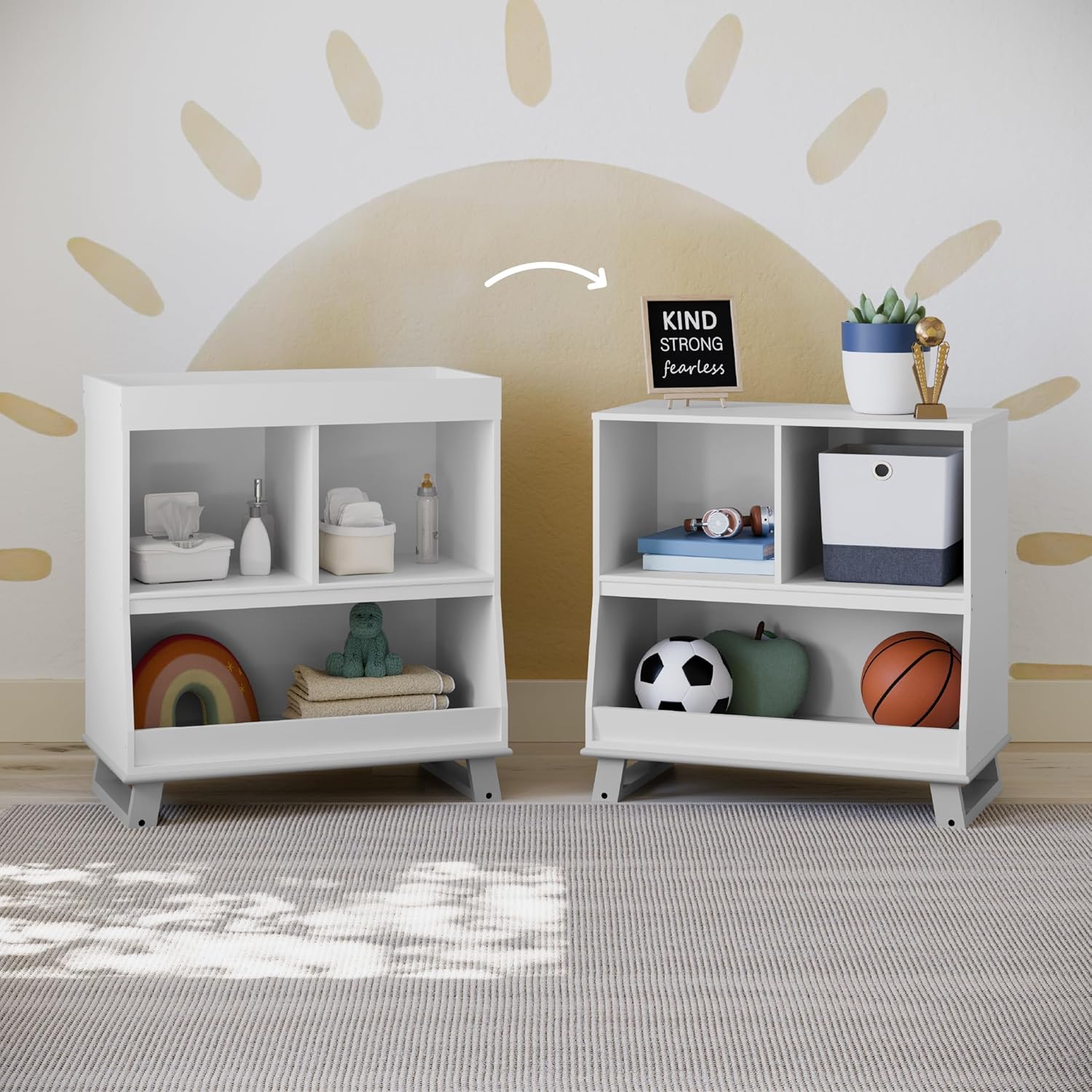 Storkcraft – Moderna mesa cambiadora con almacenamiento (blanco con gris guijarro)  Certificado GREENGUARD Gold, cambiador extraíble, se adapta a