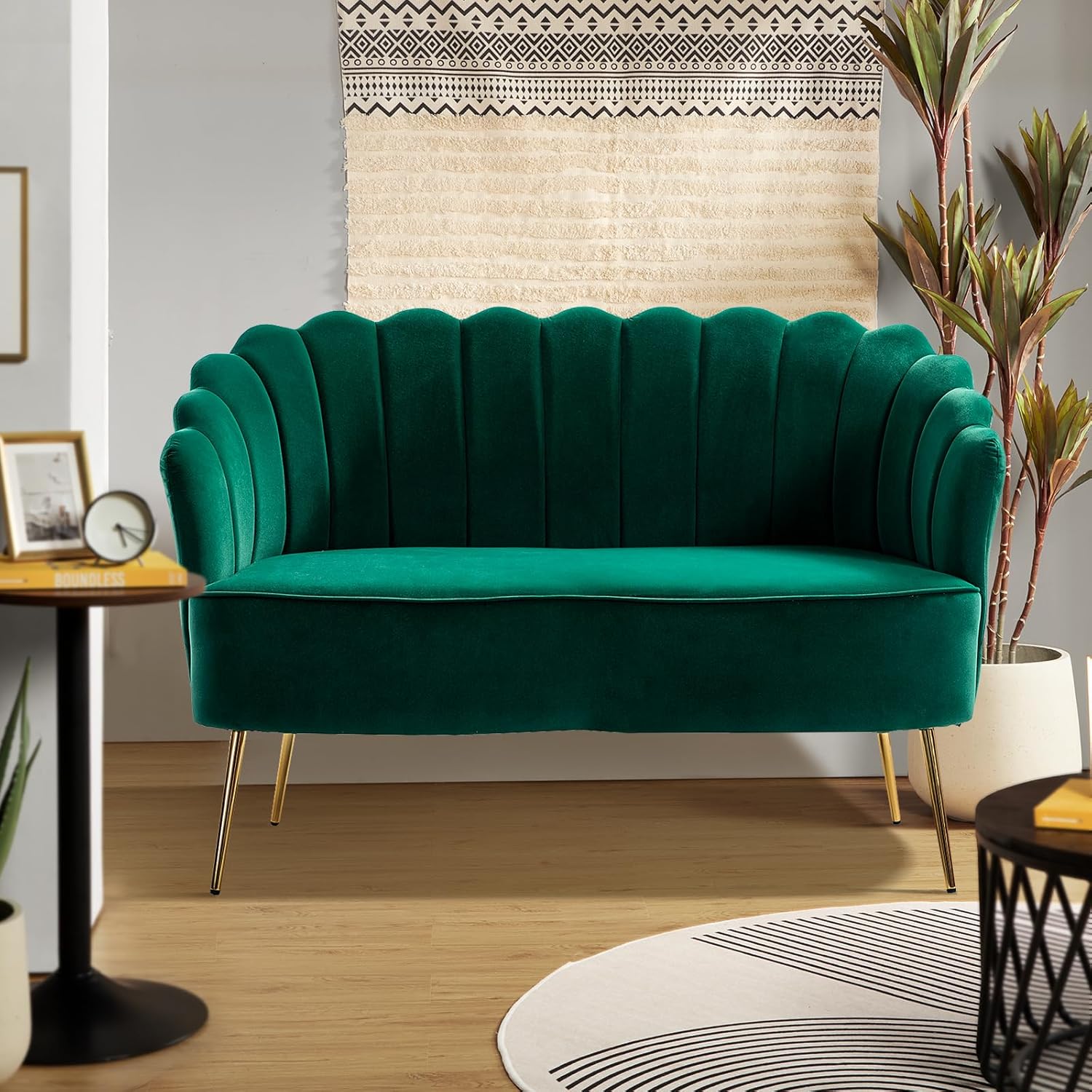 HULALA HOME Sofá biplaza de terciopelo con respaldo en forma de flor, moderno sofá de 2 plazas para sala de estar y dormitorio, cómodo sofá biplaza