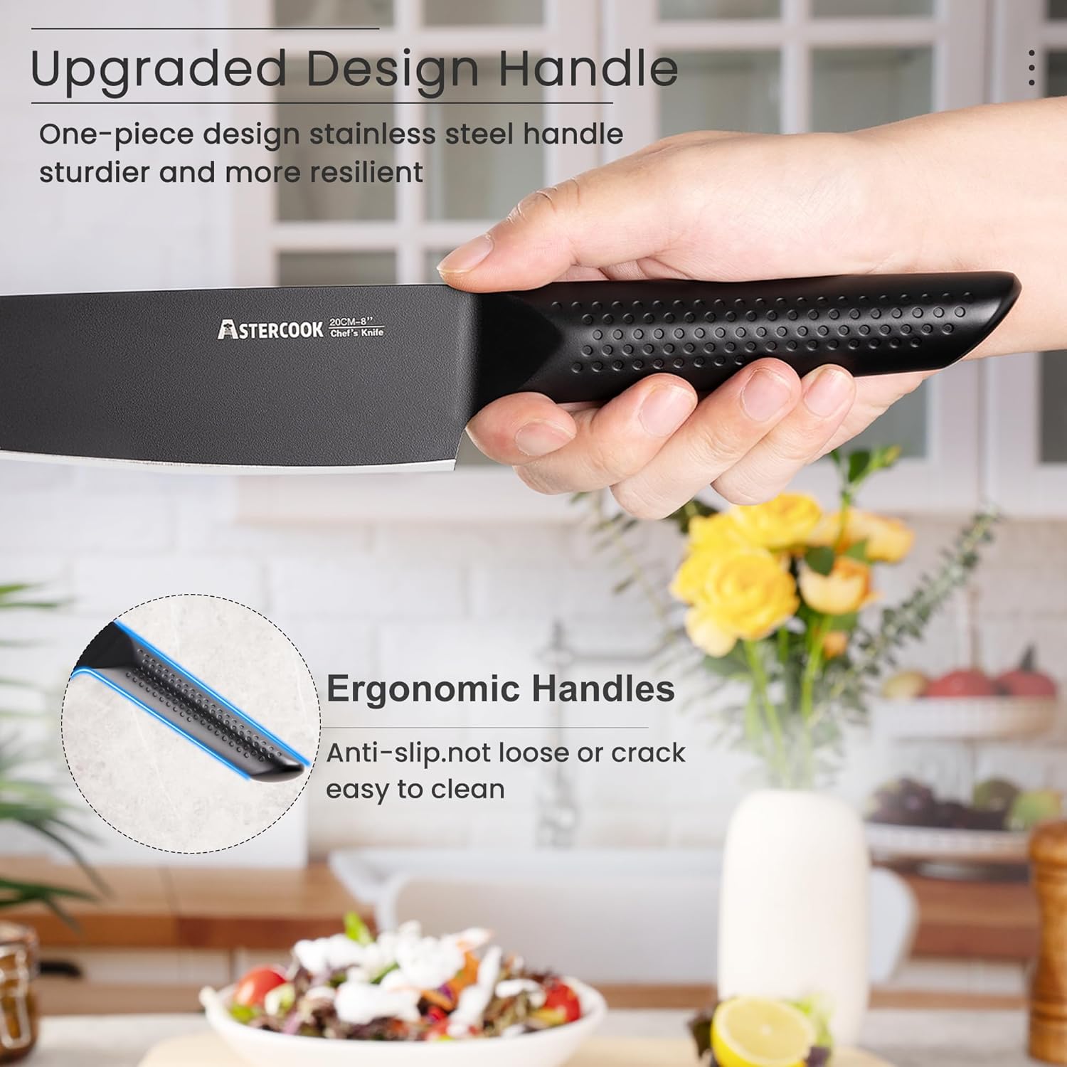 Astercook Juego de cuchillos de cocina, juego de cuchillos de chef de 15 piezas con bloque, mango de acero inoxidable alemán, diseño de una sola