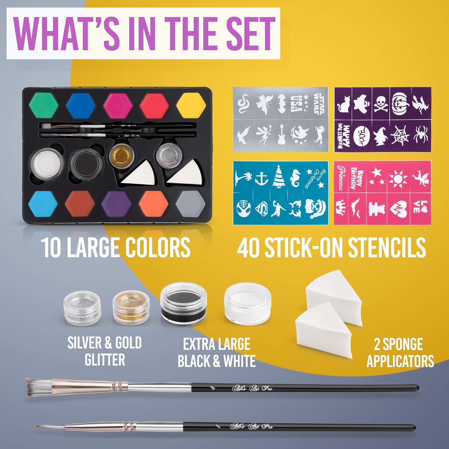 Kit de pintura facial para niños – 58 piezas Set con base de agua – Secado rápido – Pinturas para pieles sensibles no tóxicas – Brillos –