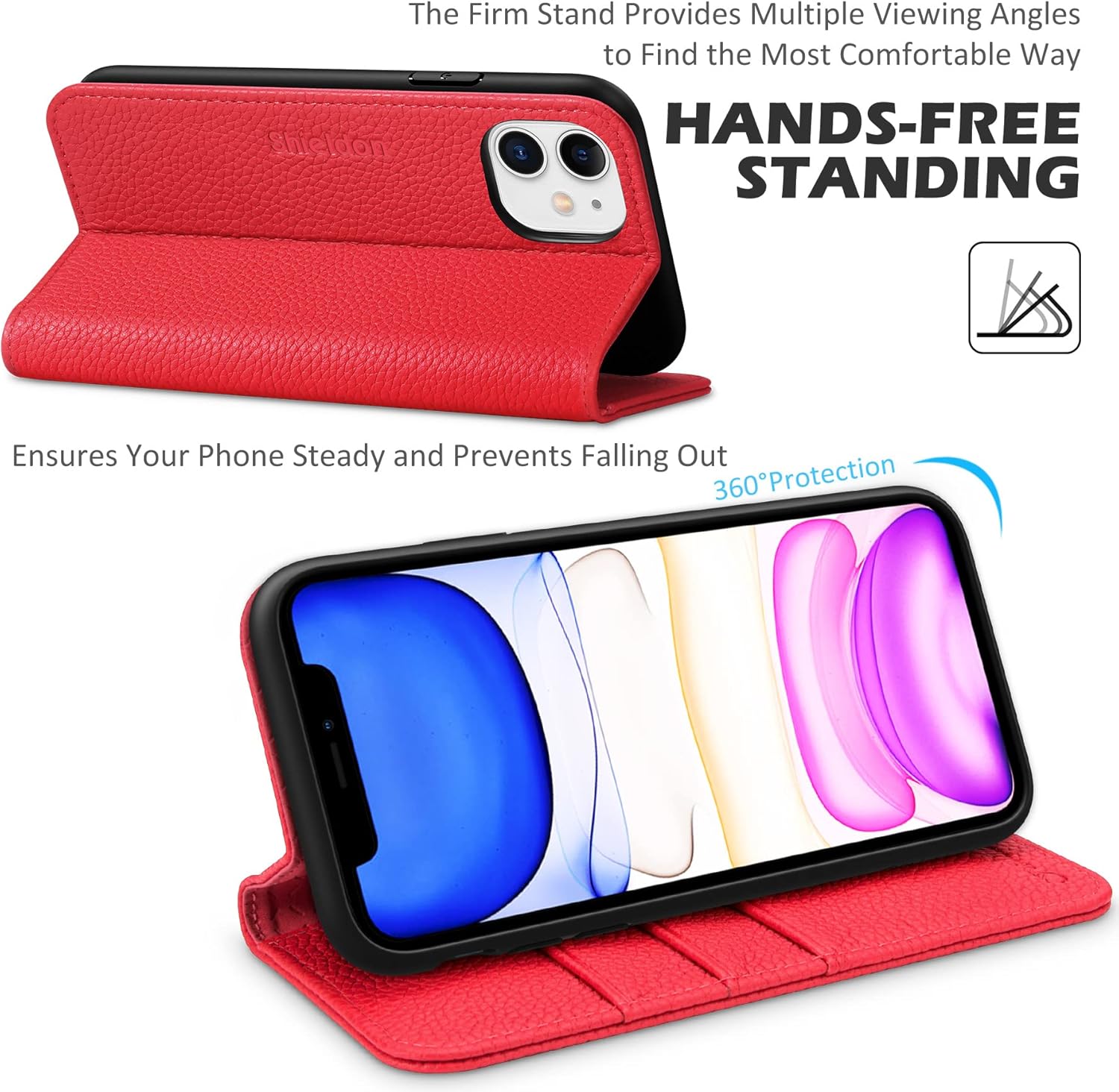 SHIELDON Funda tipo cartera para iPhone 11, de piel auténtica, plegable, con función atril, bloqueo RFID, ranuras para tarjetas de crédito, funda