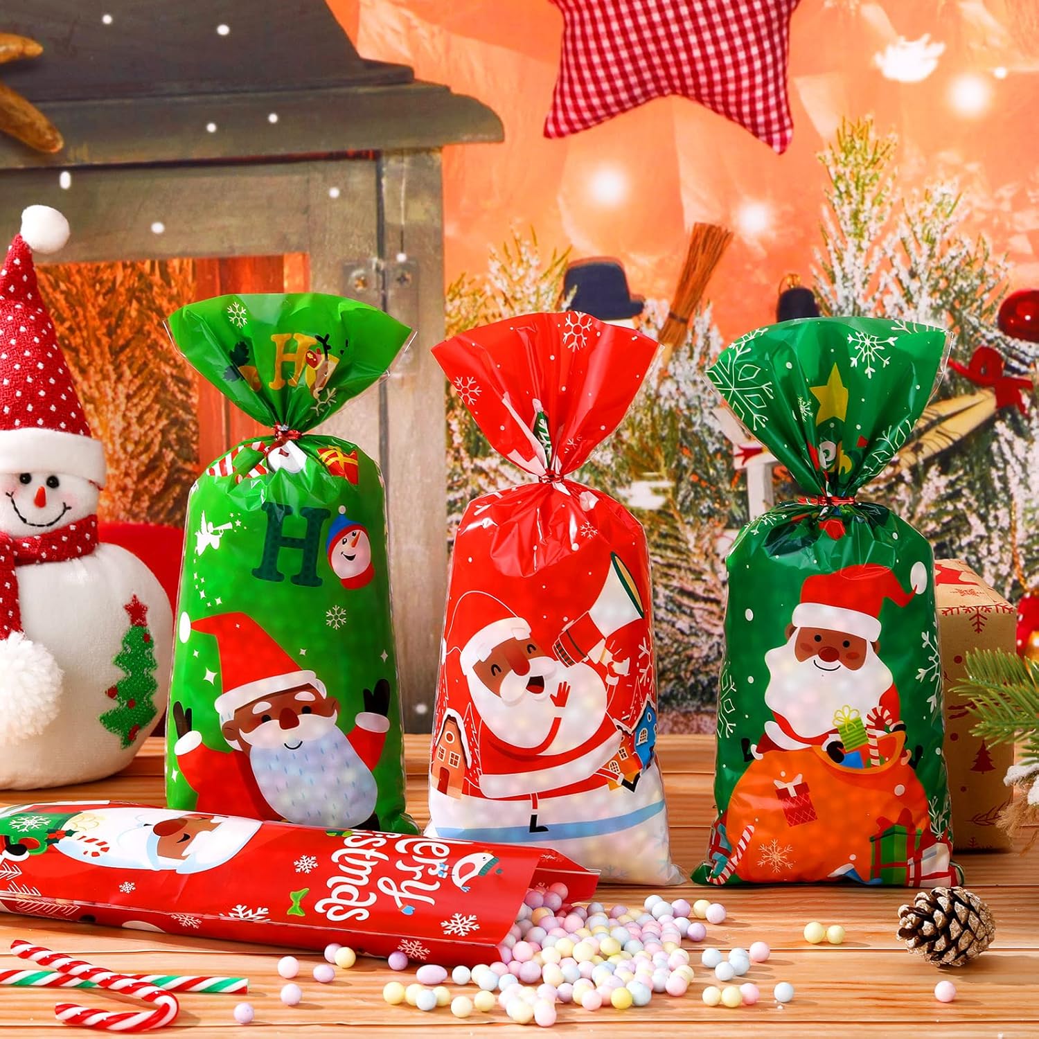Spiareal 120 bolsas de celofán de Navidad de Papá Noel afroamericano, bolsas de dulces con lazos, suministros de decoración de fiesta de cumpleaños