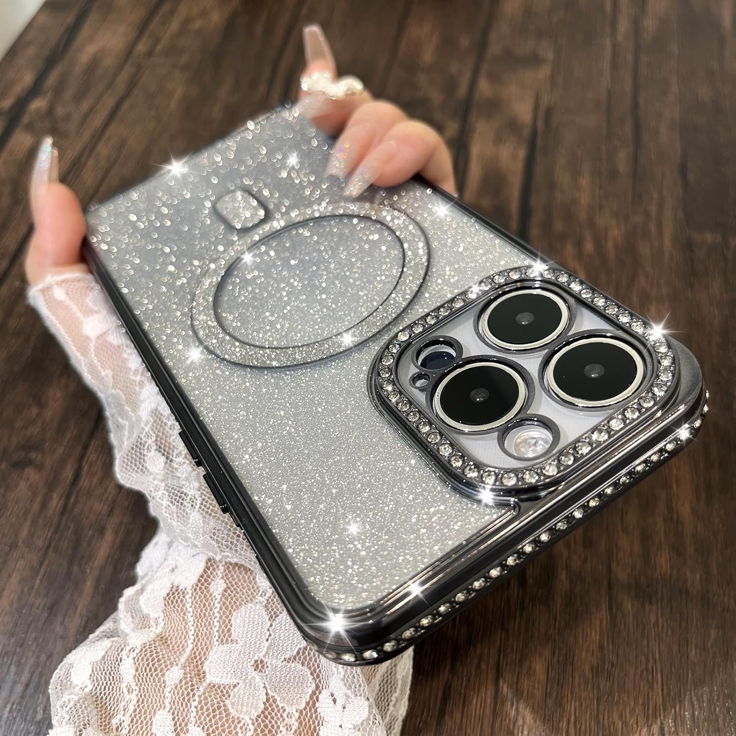 KANGHAR Funda magnética con purpurina degradada para iPhone 15 Pro Max de 6.7 pulgadas, funda de lujo chapada en diamantes de imitación, suave TPU