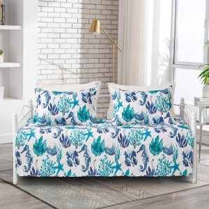 Juego de funda de sofá de 3 piezas, juego de ropa de cama de día costero de playa tamaño individual, edredón de retazos azul y verde para todas las Juego de funda de sofá de 3 piezas, juego de ropa de cama de día costero de playa tamaño individual, edredón de retazos azul y verde para todas las
