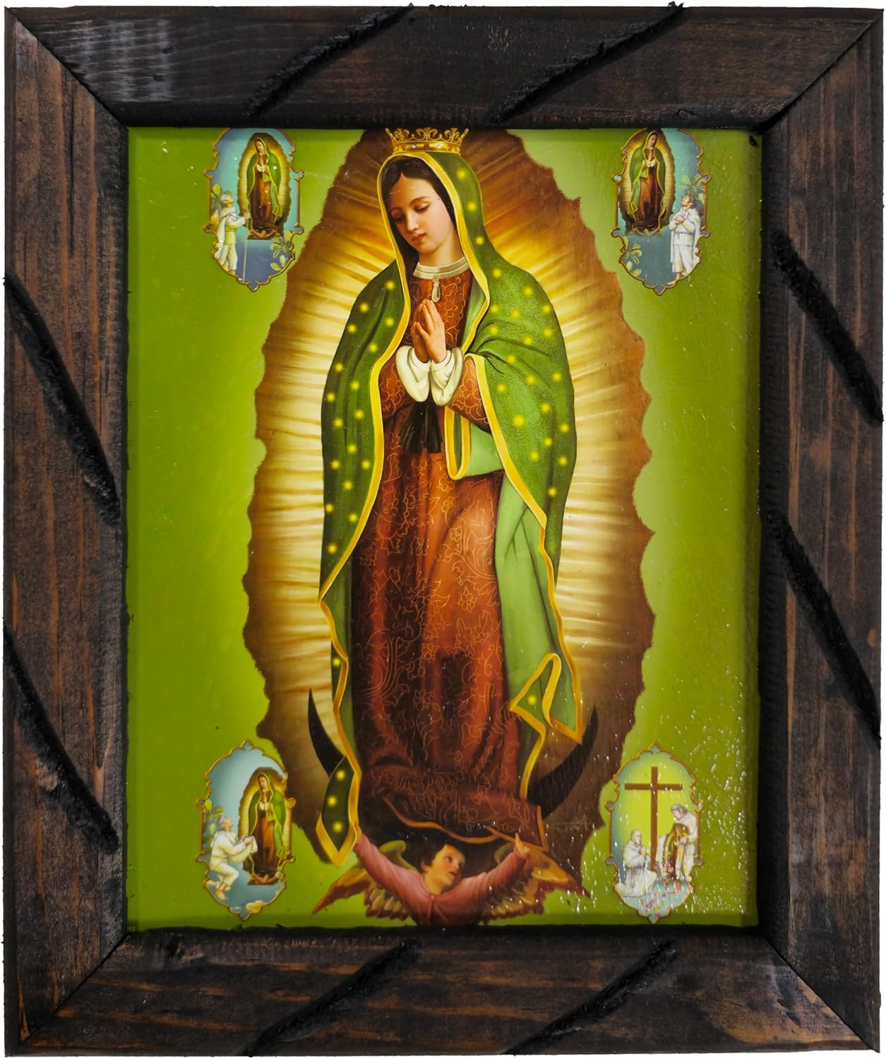 Mrcjsales imagen de Nuestra Señora de Guadalupe con imágenes en la esquina en marco rústico, pintura al óleo, 24 x 36 pulgadas, 13 x 18 pulgadas, 10