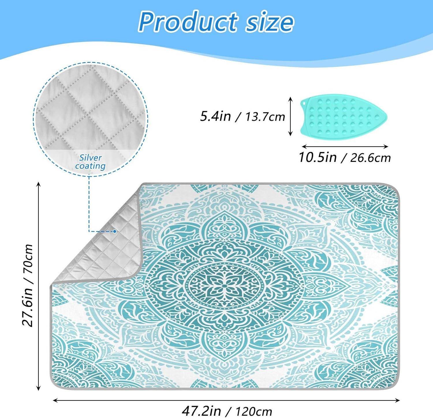 Alfombrilla de planchar con mandala turquesa aguamarina, con acolchado de 0.118 in y soporte de silicona para planchar, acolchado y almohadilla de
