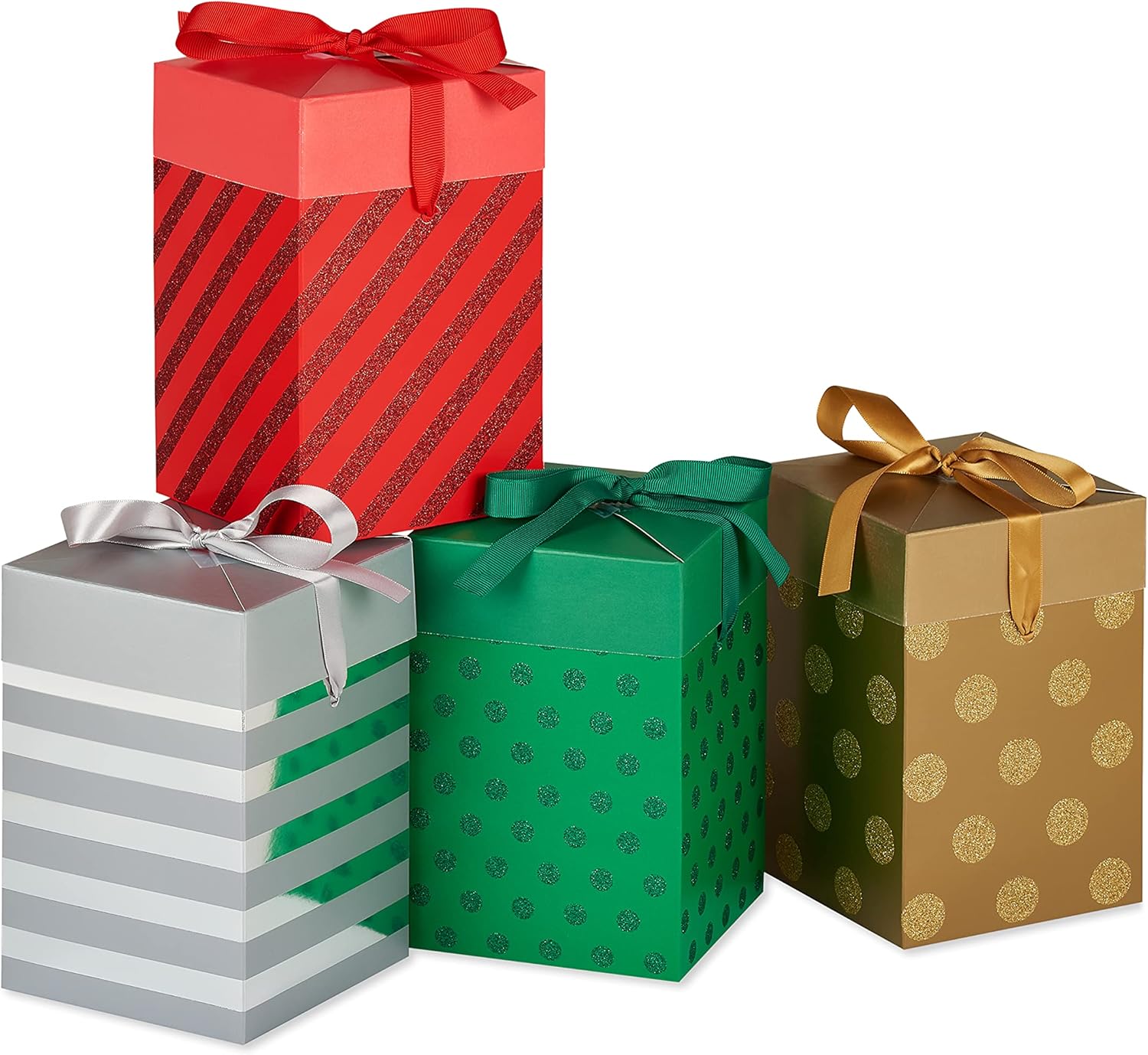 American Greetings Cajas de regalo Push Down, rojo, verde, plateado y dorado (4 cajas)