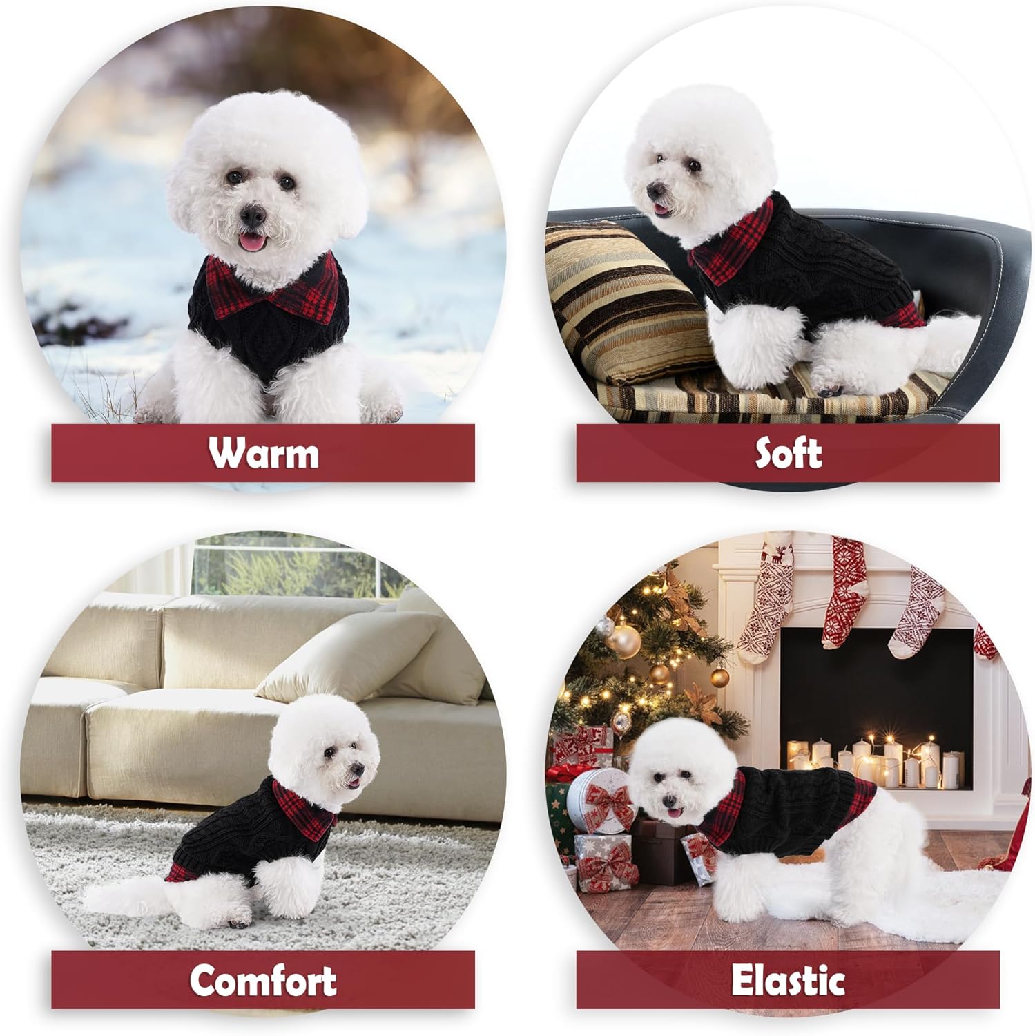 WOYYHO Suéter para perro para el día de San Valentín para perros pequeños, suéteres clásicos con cuello de cuadros para perro con agujero para la