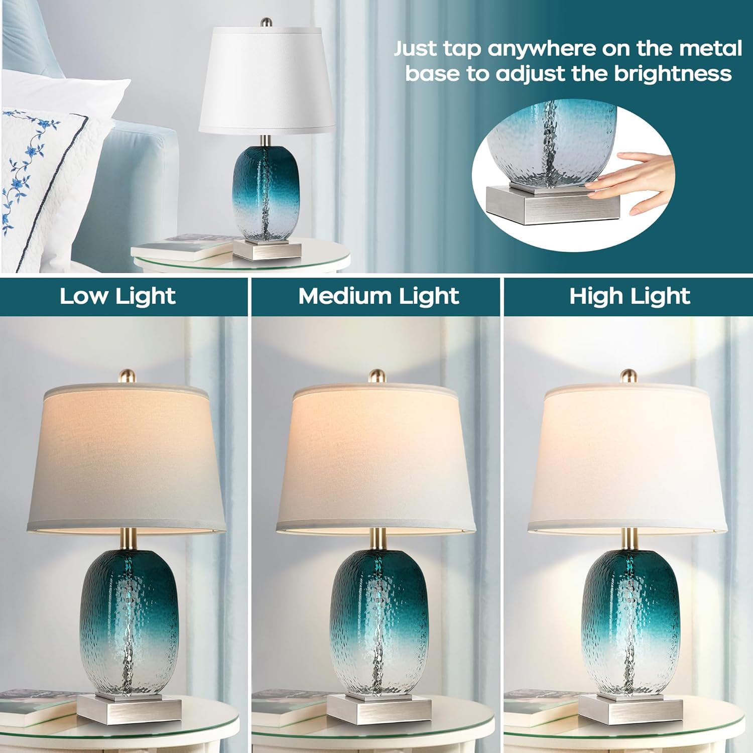 Juego de 2 lámparas de mesa con control táctil, moderna lámpara de noche de cristal verde azulado costero con 2 puertos USB, lámparas de mesa de