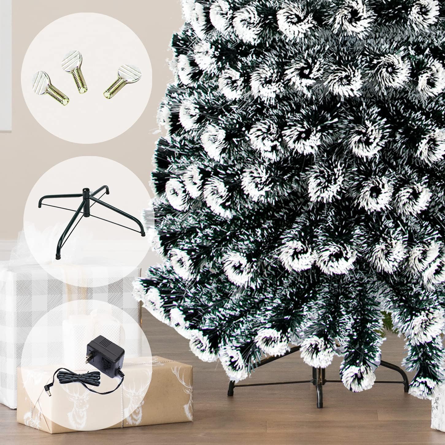 GEX Árbol de Navidad preiluminado de 7 pies con luces, 8 modos, luces cálidas amarillas, verde oscuro artificial con borde blanco, pino con soporte