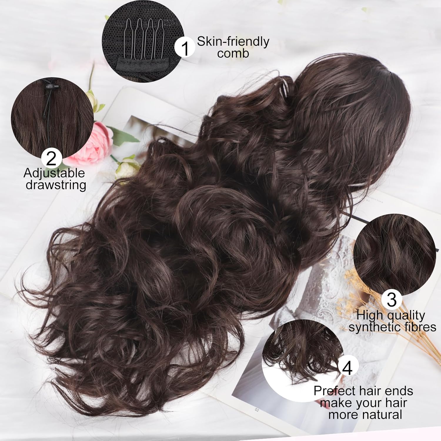 AISI BEAUTY Extensión de cola de caballo ondulada larga de 22 pulgadas, color marrón oscuro, con cordón, para mujer, cola de caballo sintética de