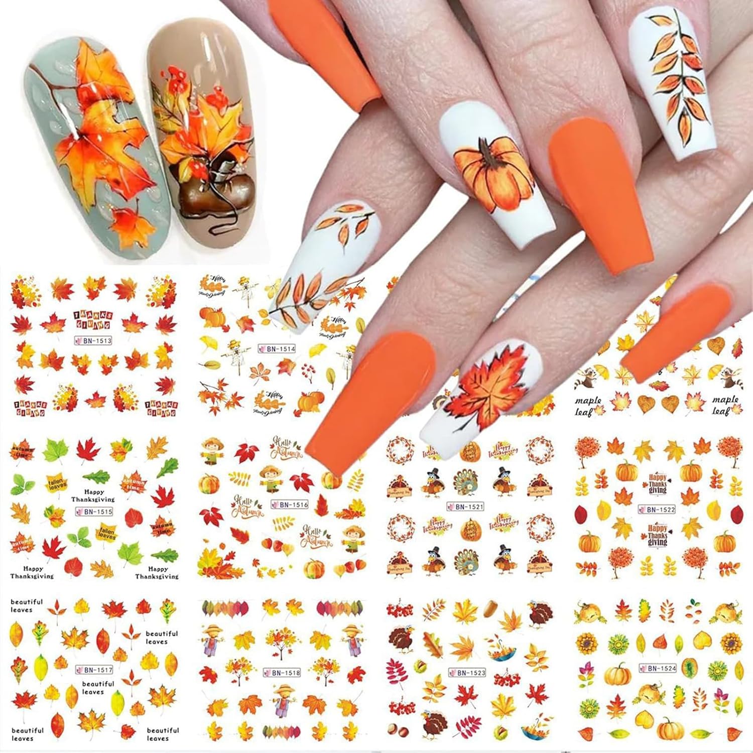 Calcomanías de arte de uñas de otoño, calcomanías de uñas de Acción de Gracias, hoja de arce, pavo, transferencia de agua, calcomanías de uñas de