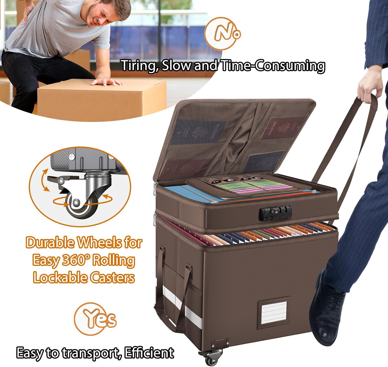 DocSafe Caja de archivos con cerradura, caja de documentos ignífuga de 2 capas con ruedas, organizador de almacenamiento de archivos plegable con
