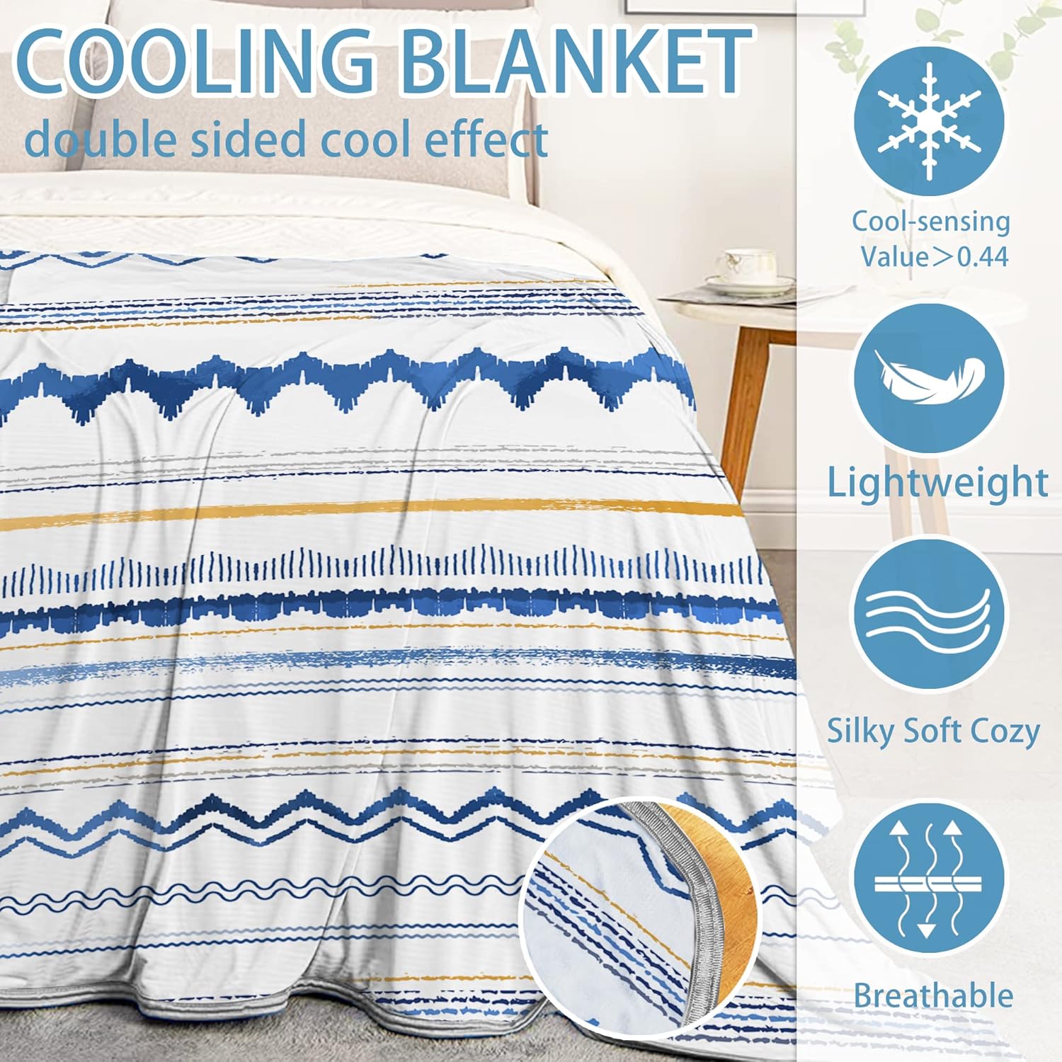 Manta refrescante bohemia azul, manta refrescante a rayas azules para personas que duermen con calor, manta de edredón ligera a rayas azules, efecto
