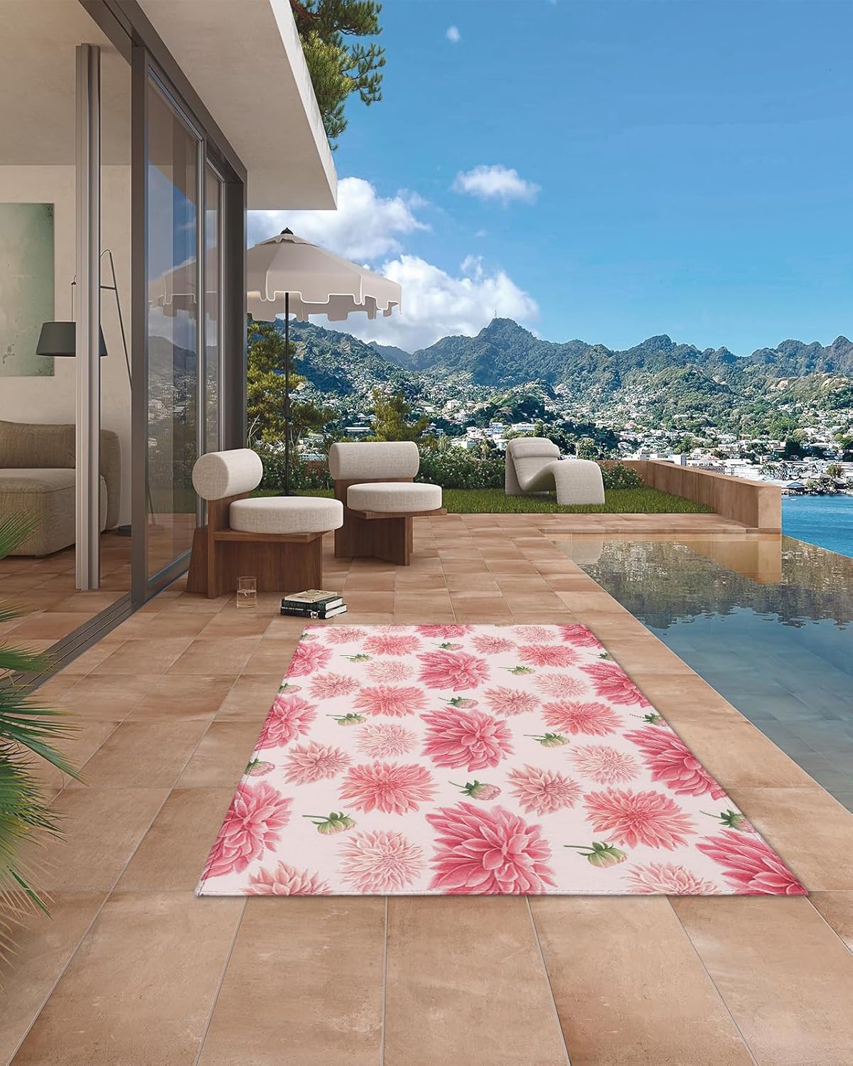 Outdoor Rug Carpet Waterproof 4×6 ft Area Rug, Pink Floral Large Floor Mat for Patio Balcony Living Room Backyard Picnic Beach RV Camping Rug