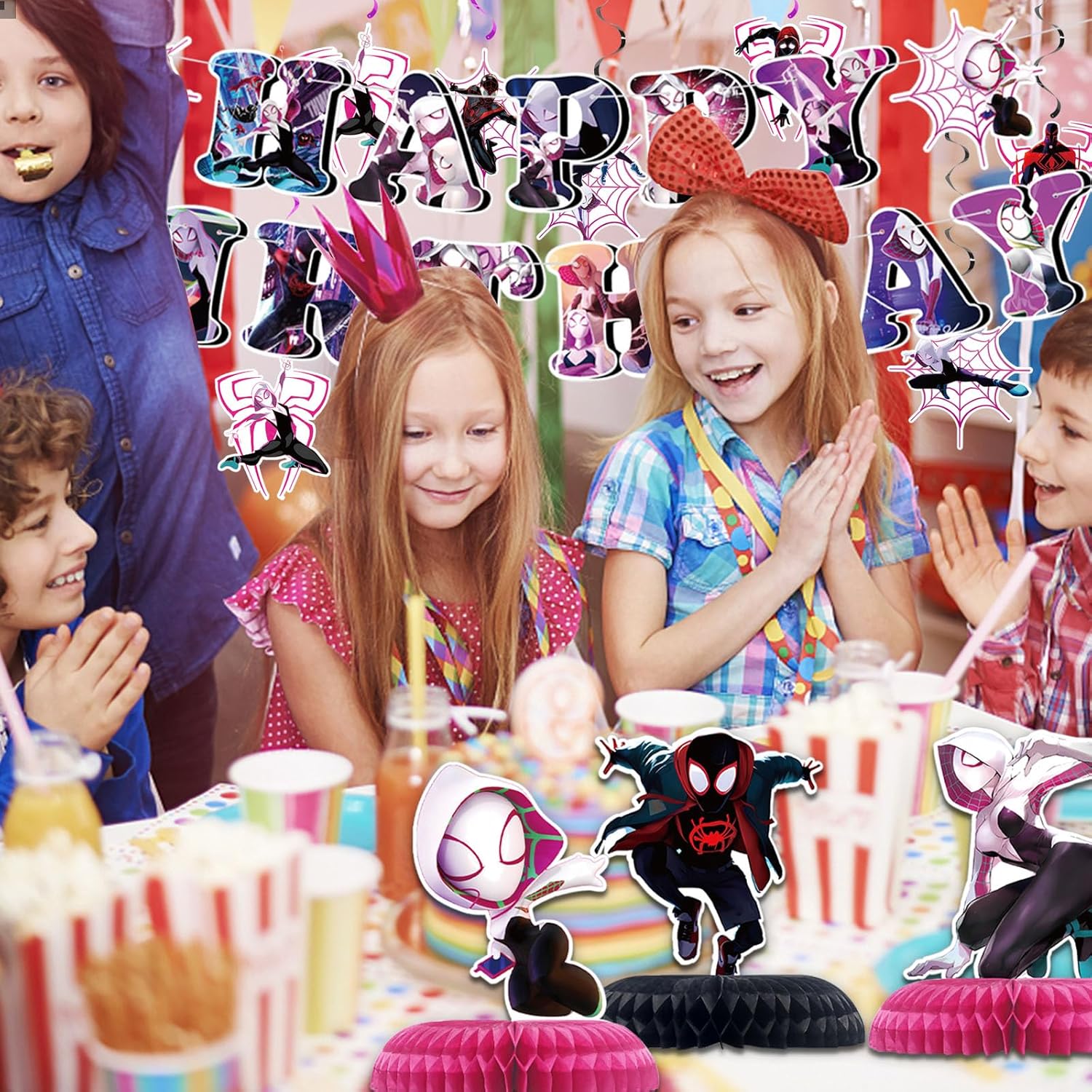 Suministros para fiesta de cumpleaños de araña fantasma, suministros de fiesta de Miles Morales, incluye pancartas de feliz cumpleaños, remolinos