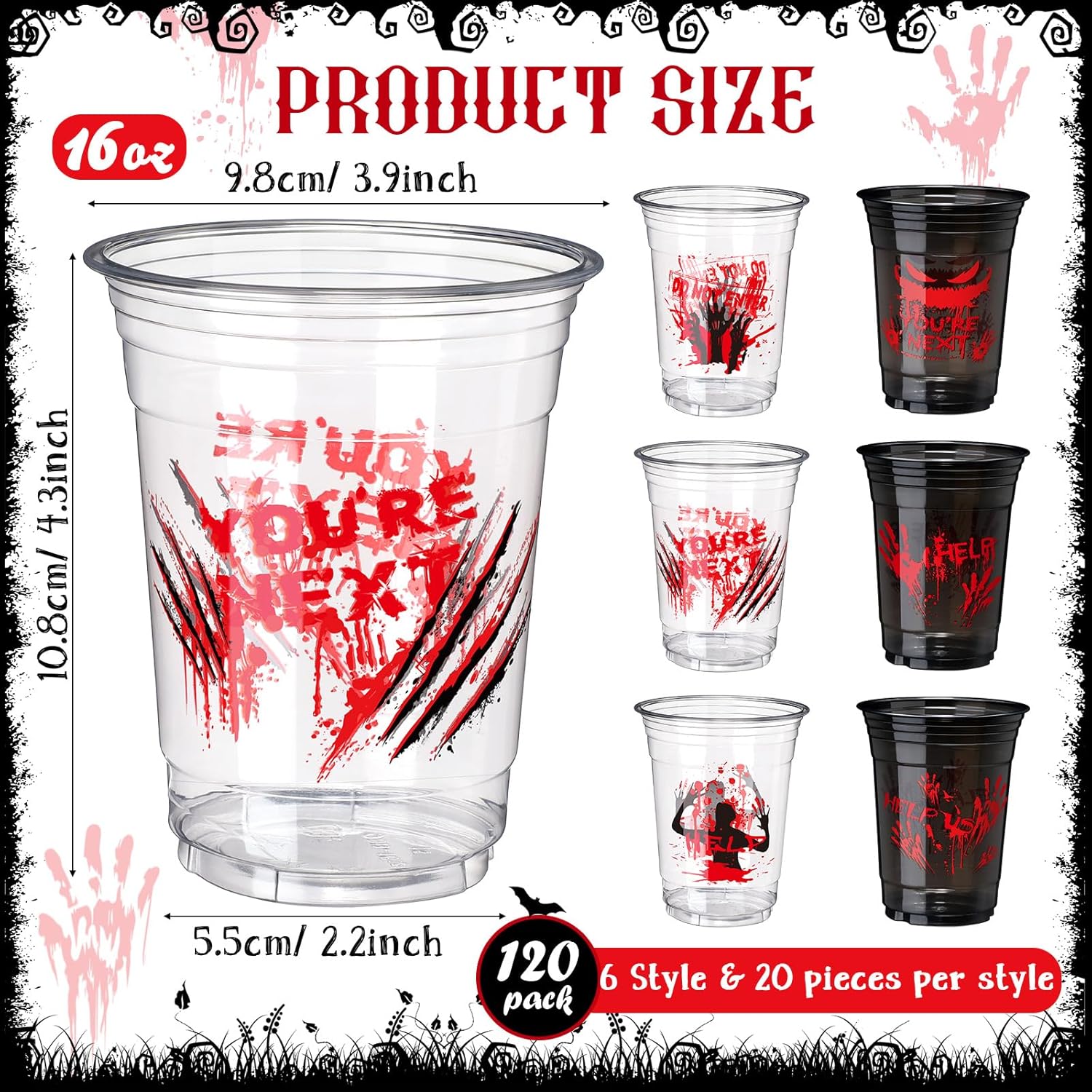 Sliner Paquete de 120 tazas de Halloween de 16 onzas con estampado de sangre de plástico con estampado de mano sangrienta, vasos desechables para