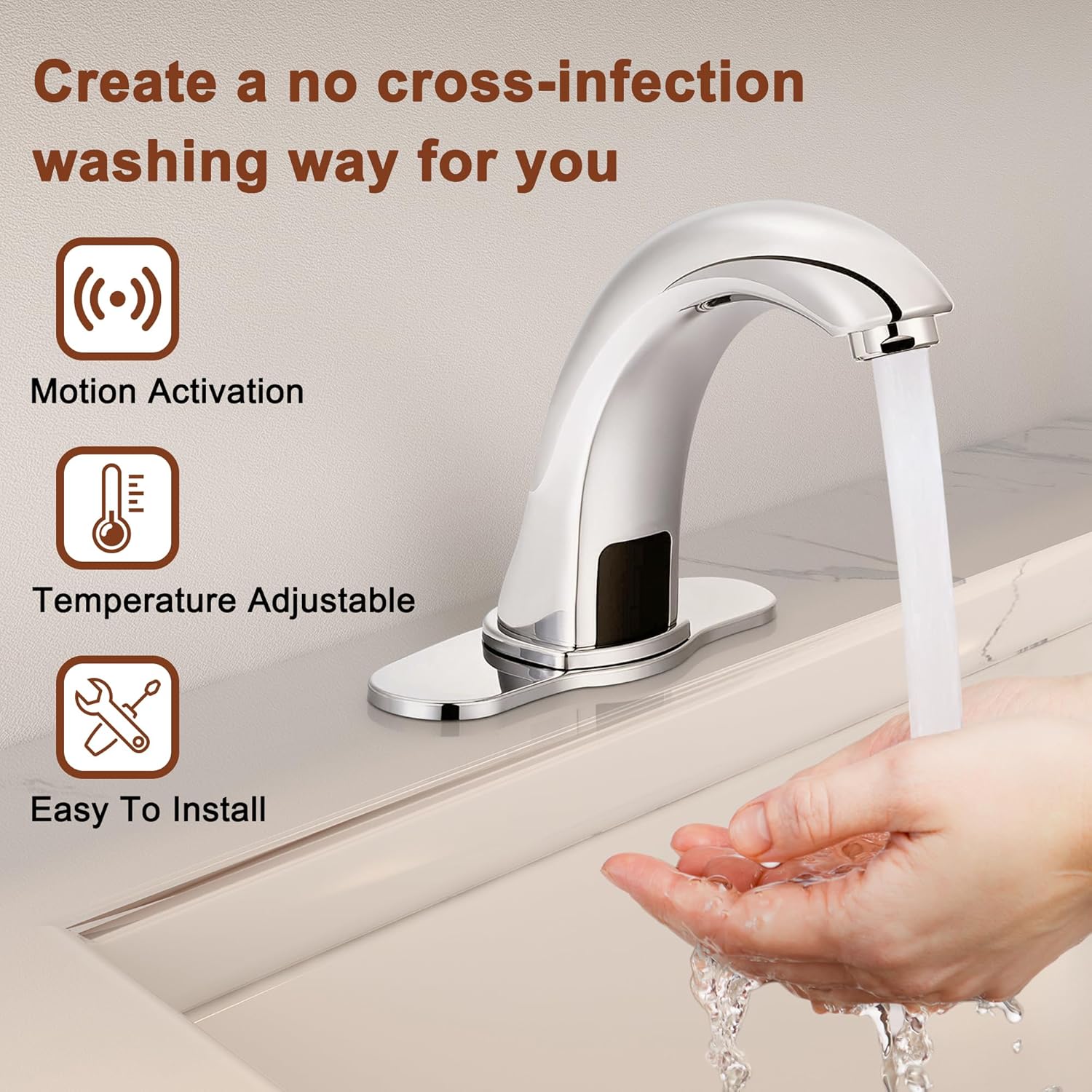 Grifo de fregadero de baño sin contacto de níquel cepillado con válvula de mezcla de control de temperatura, sensor de movimiento automático