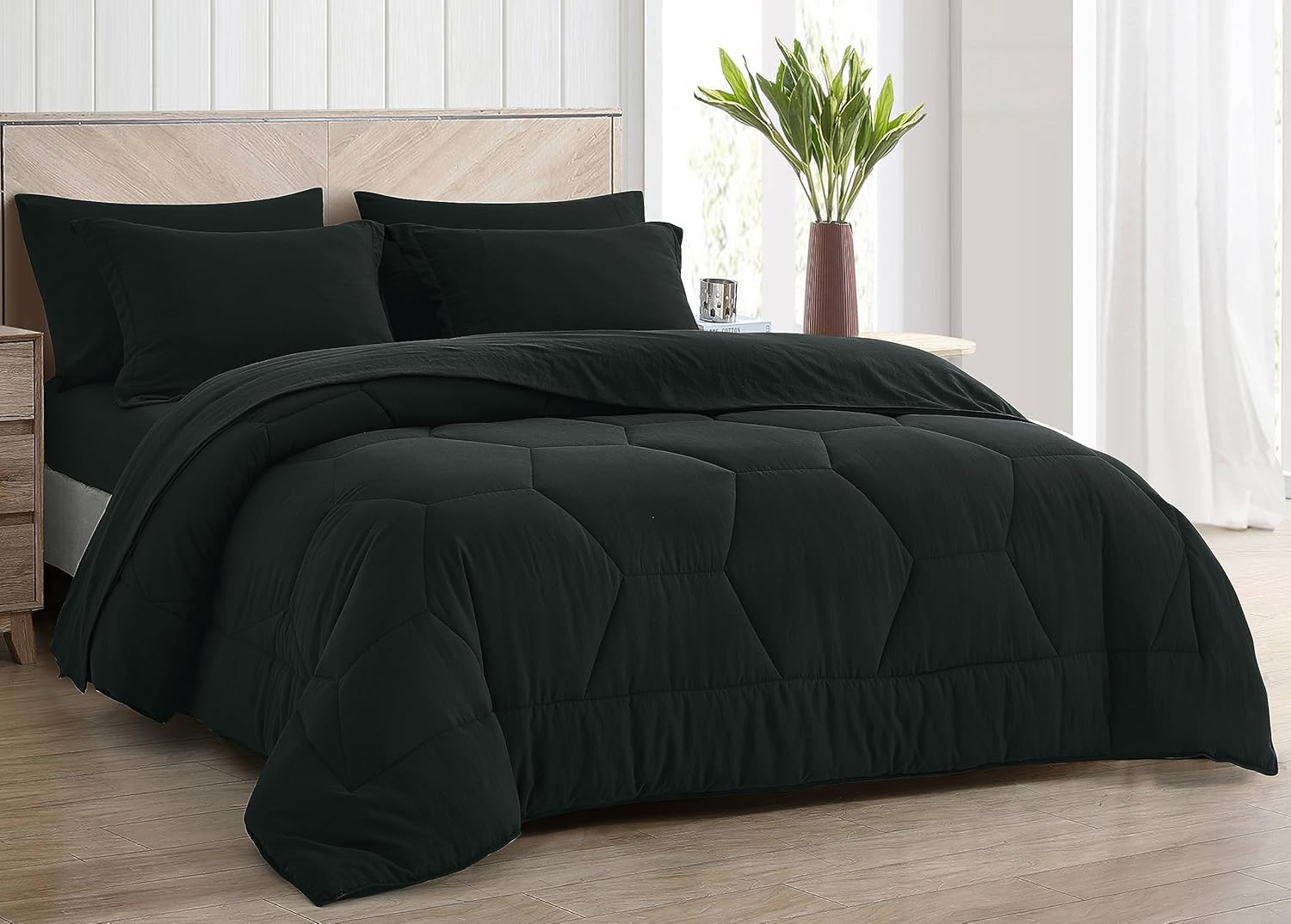 Chezmoi Collection Piper – Juego de cama matrimonial en una bolsa, 7 piezas con diseño geométrico de panal de abeja, acolchado de microfibra lavada