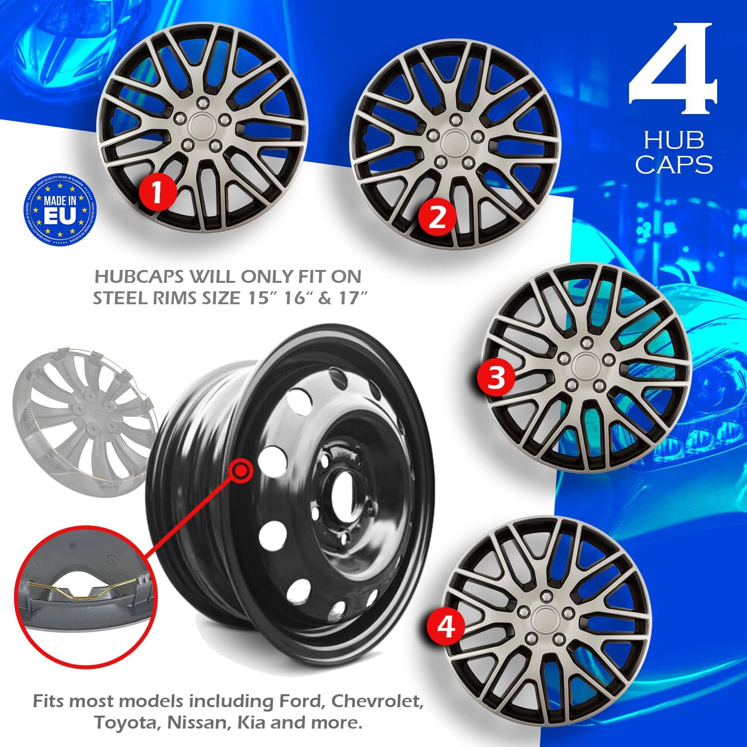 Juego de 4 tapacubos de lujo con bonito diseño de 17 pulgadas, duraderos y fiables, fáciles de instalar, tapacubos para ruedas de automóvil,