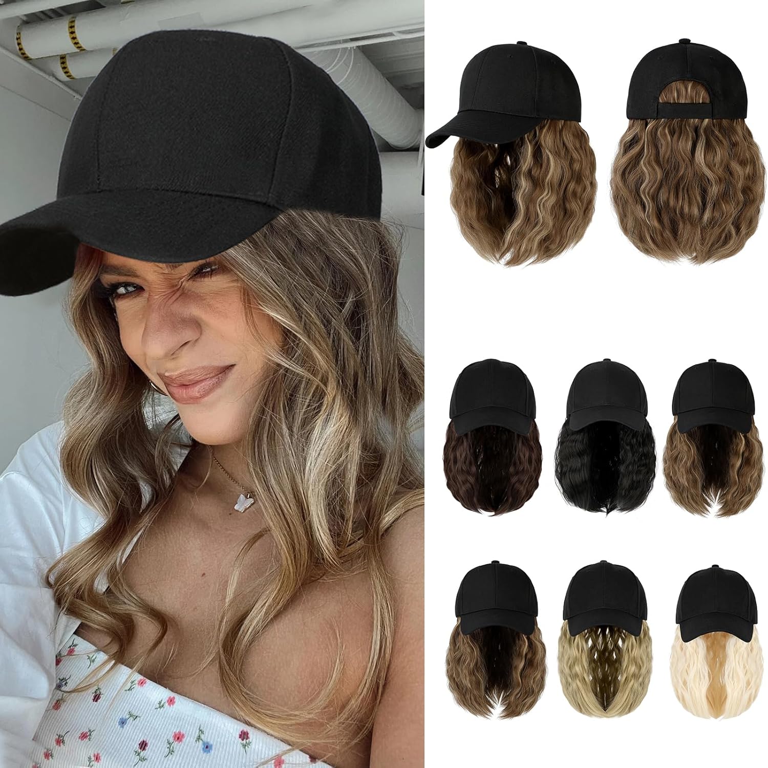 Peluca de gorra de béisbol para mujer, gorra de béisbol con extensiones de cabello, gorra ajustable adjunta de 15 pulgadas, peluca sintética corta y