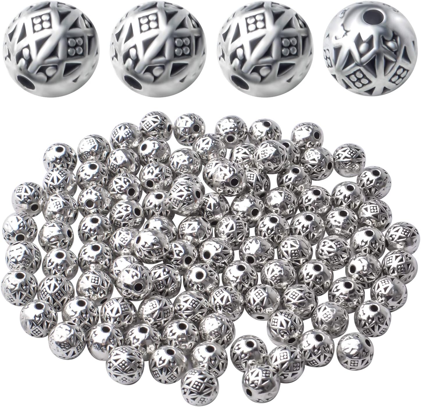 BronaGrand 100 espaciadores de cuentas tibetanas de plata antigua, espaciadores de bolas de Rondelle, cuentas sueltas para joyería, cuentas redondas