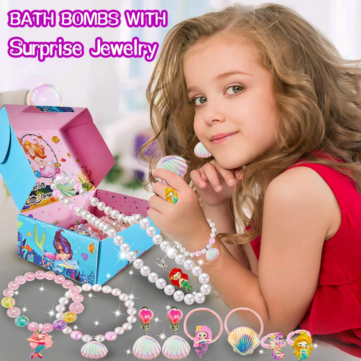 Bombas de baño de sirena para niñas y niños con sorpresa en el interior, 6+10 piezas, regalos de sirena para niñas, juguetes de 4, 5, 6, 7, 8 años,