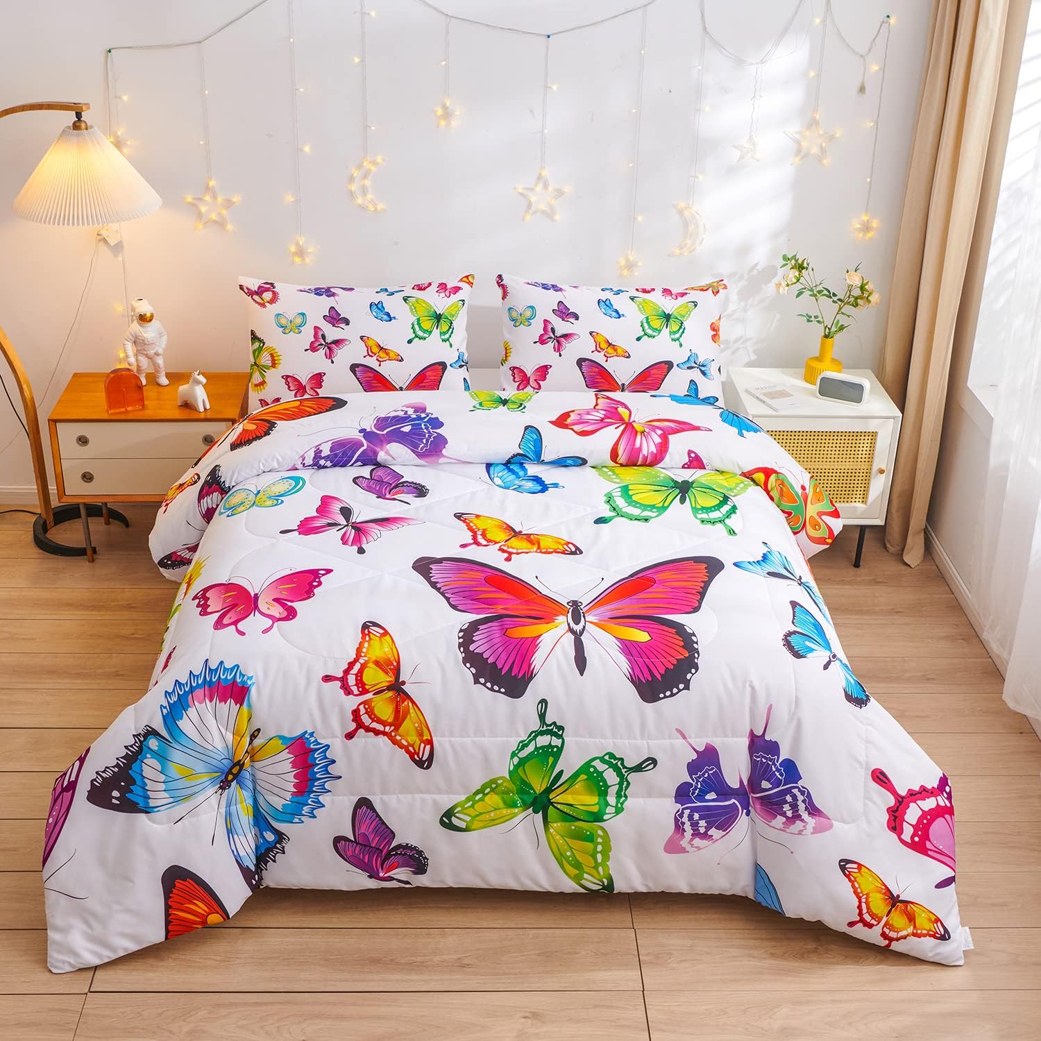 Juego de edredón de mariposa, patrón para niños y niñas, juegos de edredón decorativos con 2 fundas de almohada, tamaño Queen