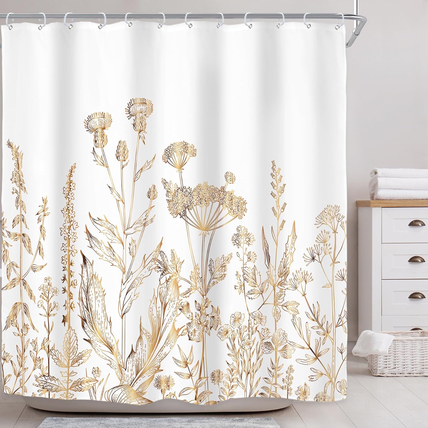Riyidecor Cortina de ducha con flores silvestres florales de oro blanco para decoración de baño, 72 pulgadas de ancho x 72 pulgadas de alto, hierbas