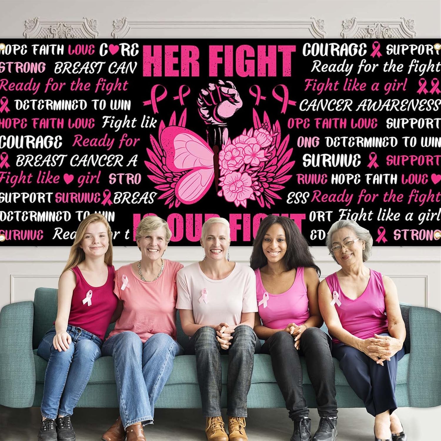 Avezano Pancarta para puerta de garaje de concientización sobre el cáncer de mama, 6 x 13 pies, con texto en inglés Her Fight is Our Fight is Our