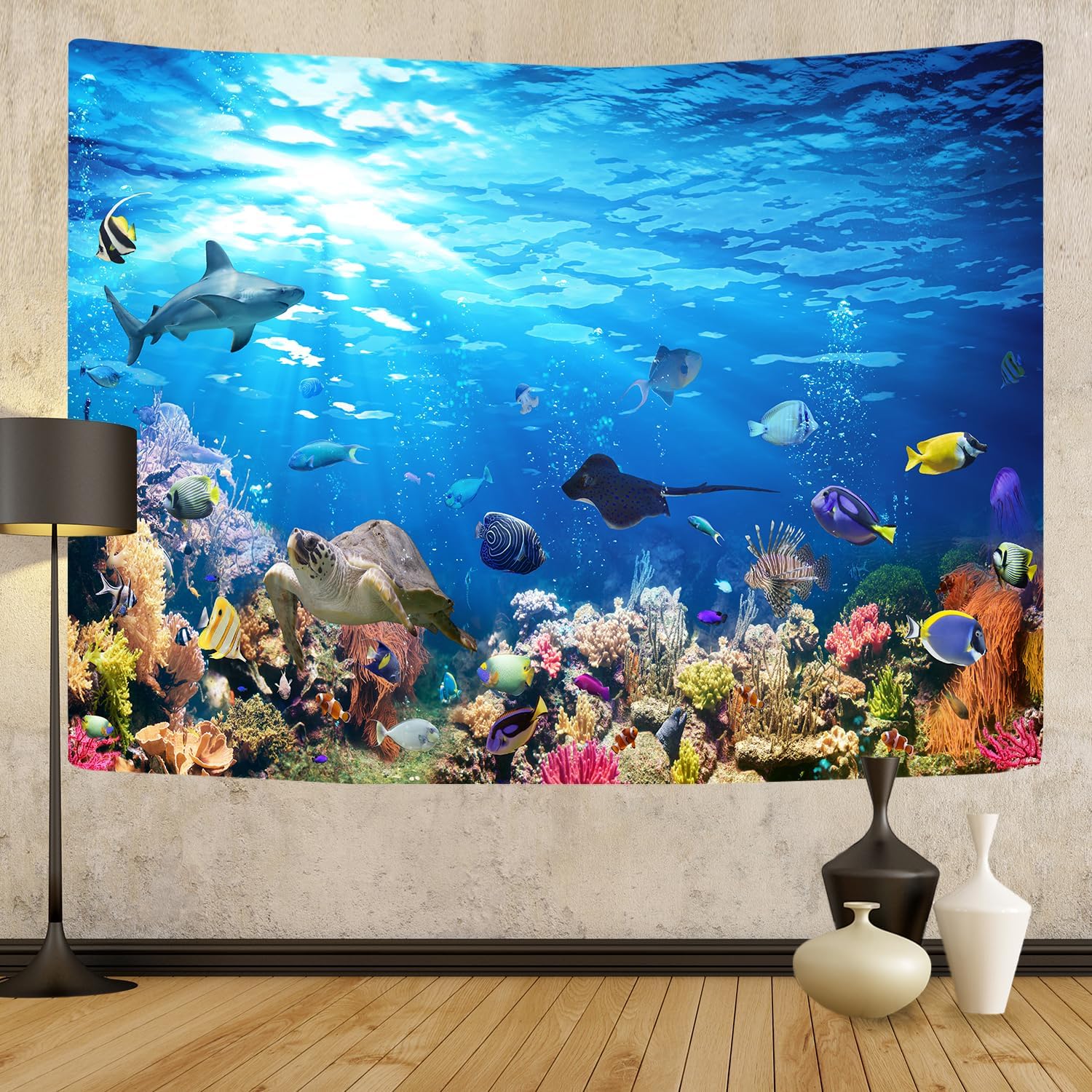 Emwnodti Tapiz de mundo de olas oceánicas azules, tapiz para colgar en la pared, vida marina y arrecife de coral para la educación de los niños,